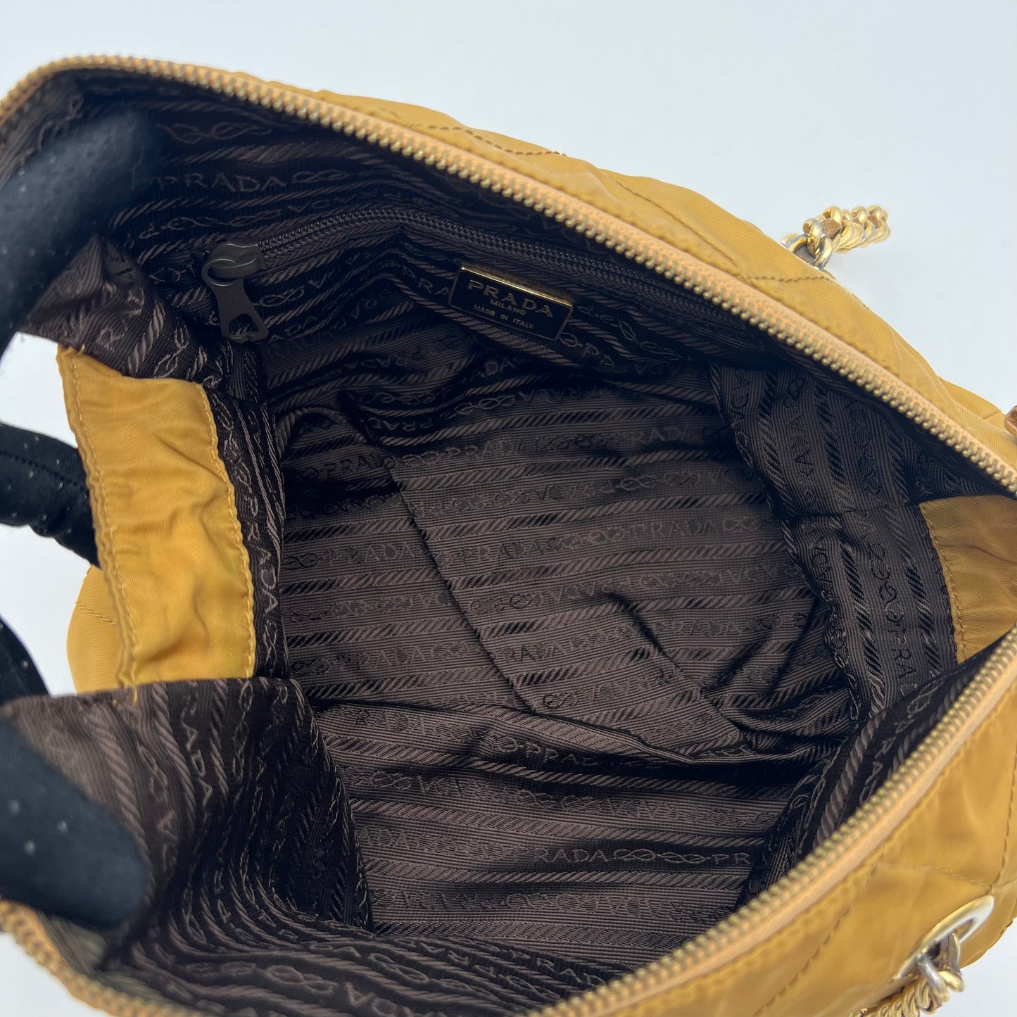 Prada Mustard Yellow Quilted Nylon Zip Chain Bag GHW