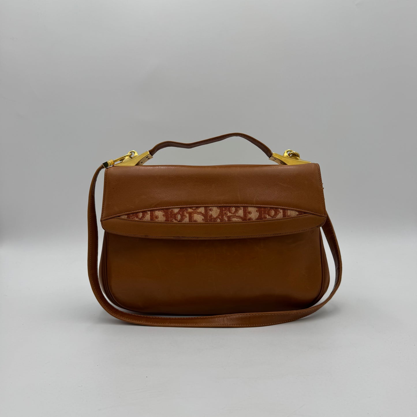 Christian Dior Caramel Brown Trotter and  Leather Handbag with Strap and Kisslock Coin Purse
