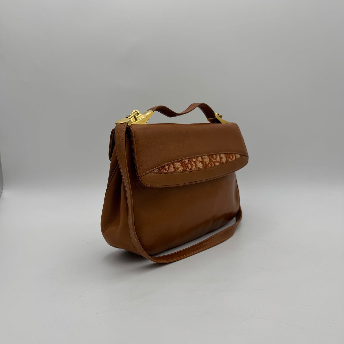 Christian Dior Caramel Brown Trotter and  Leather Handbag with Strap and Kisslock Coin Purse