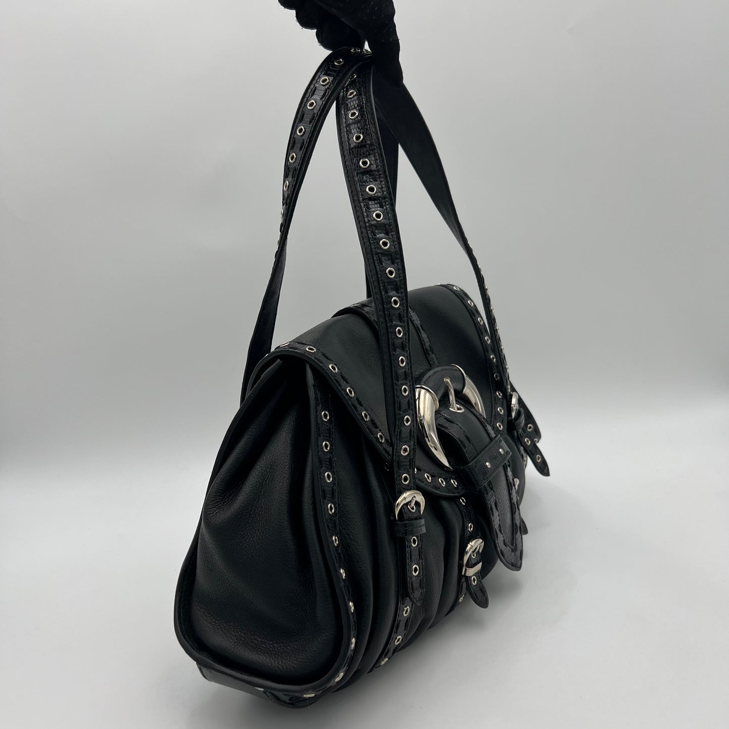 Christian Dior by John Galliano Black Lizard Trimmed Leather Flap Shoulder Bag
