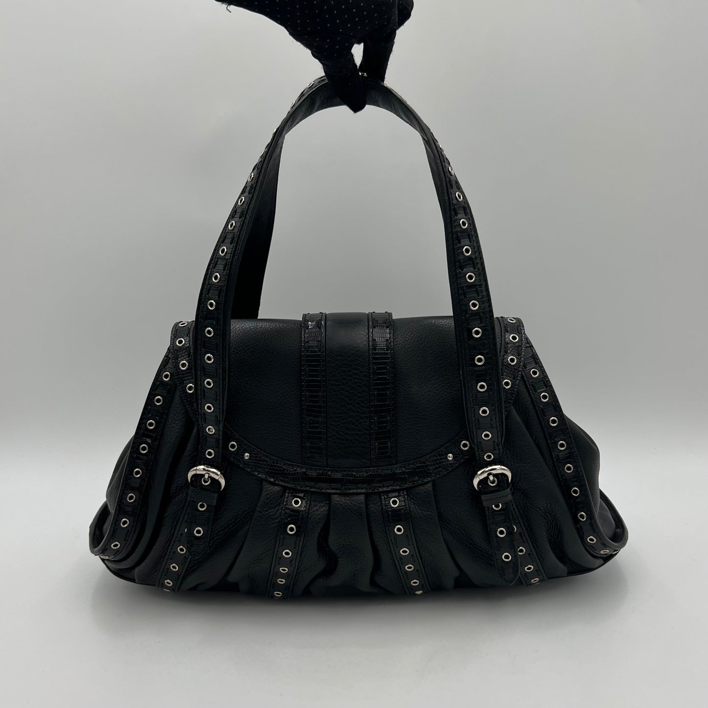 Christian Dior by John Galliano Black Lizard Trimmed Leather Flap Shoulder Bag