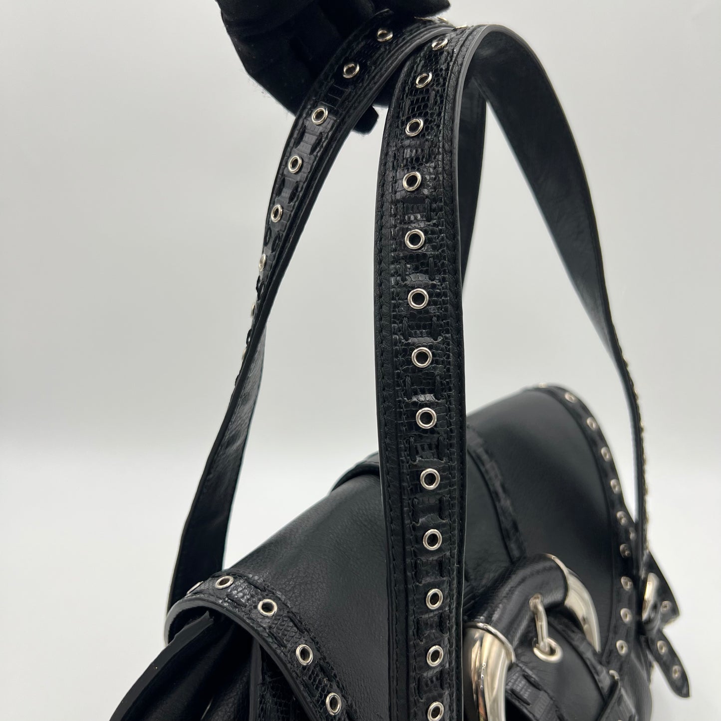 Christian Dior by John Galliano Black Lizard Trimmed Leather Flap Shoulder Bag