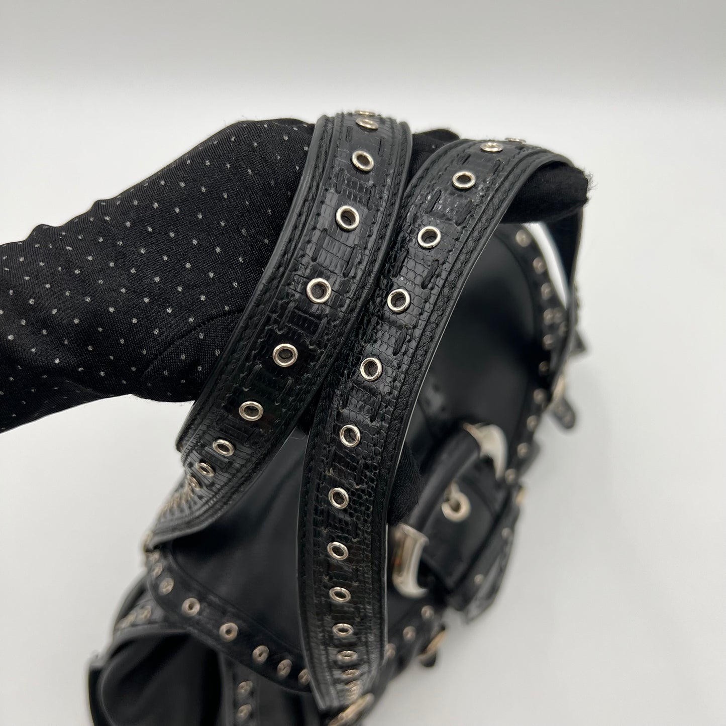 Christian Dior by John Galliano Black Lizard Trimmed Leather Flap Shoulder Bag
