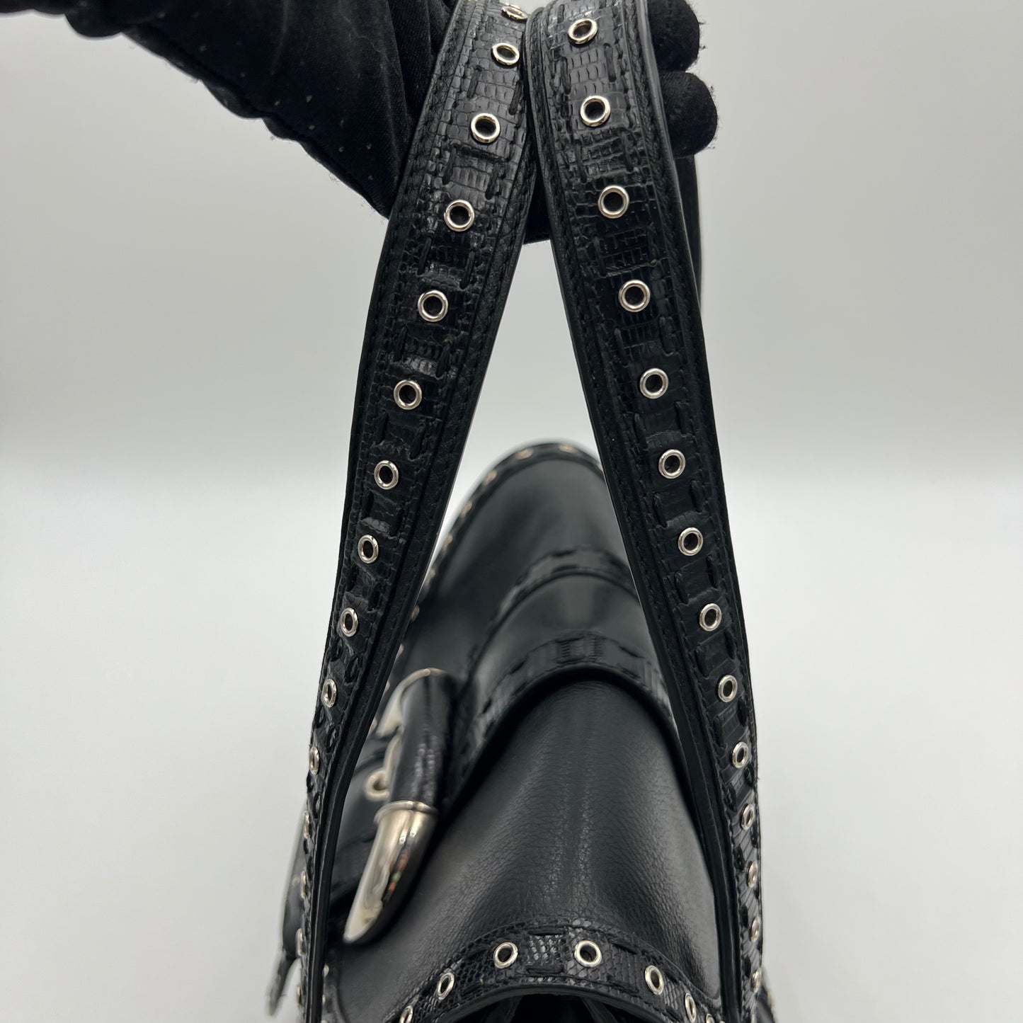 Christian Dior by John Galliano Black Lizard Trimmed Leather Flap Shoulder Bag