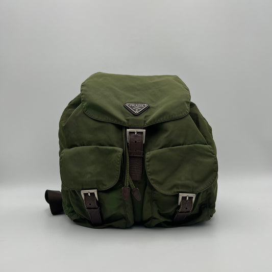 Prada Green Nylon and Brown Leather Backpack