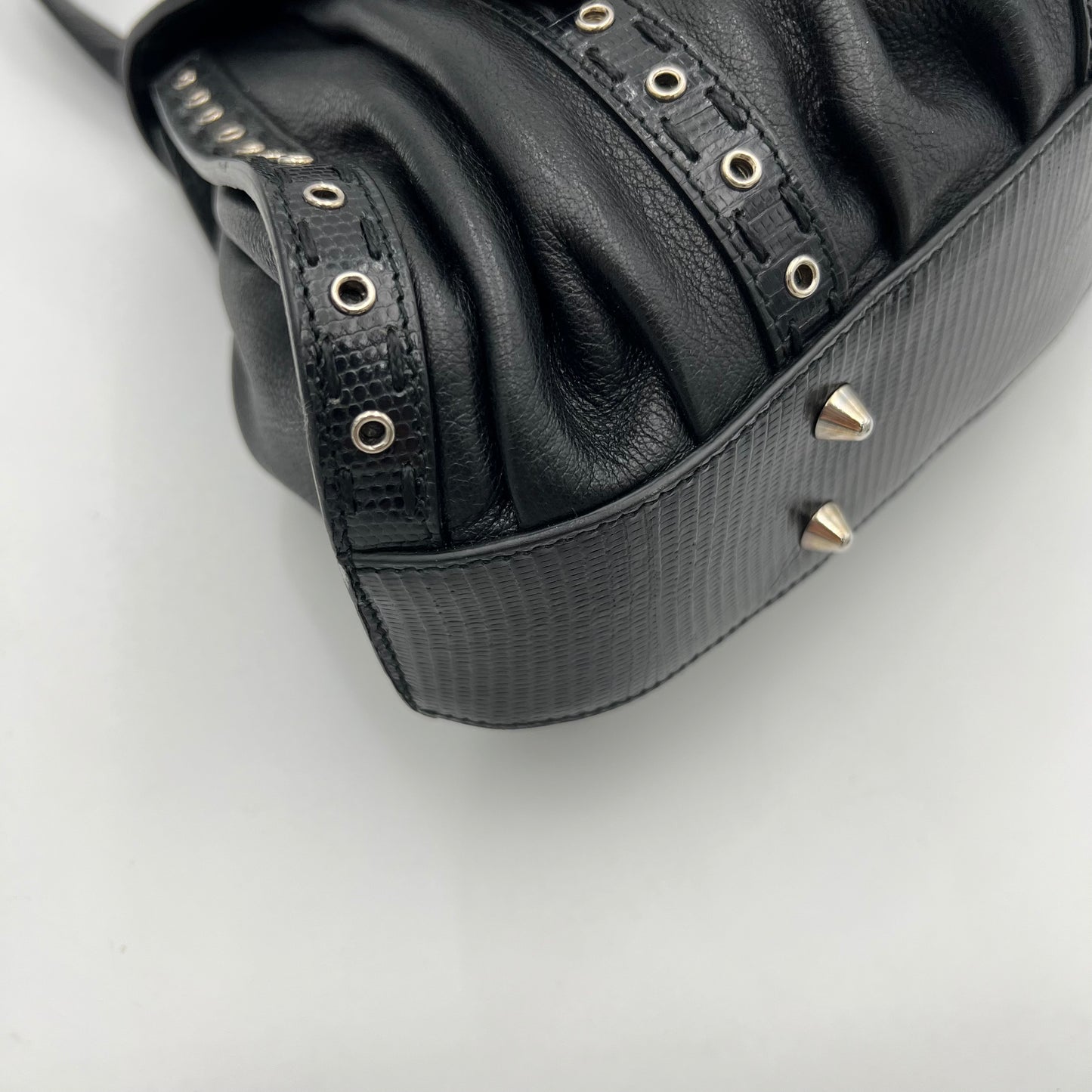 Christian Dior by John Galliano Black Lizard Trimmed Leather Flap Shoulder Bag