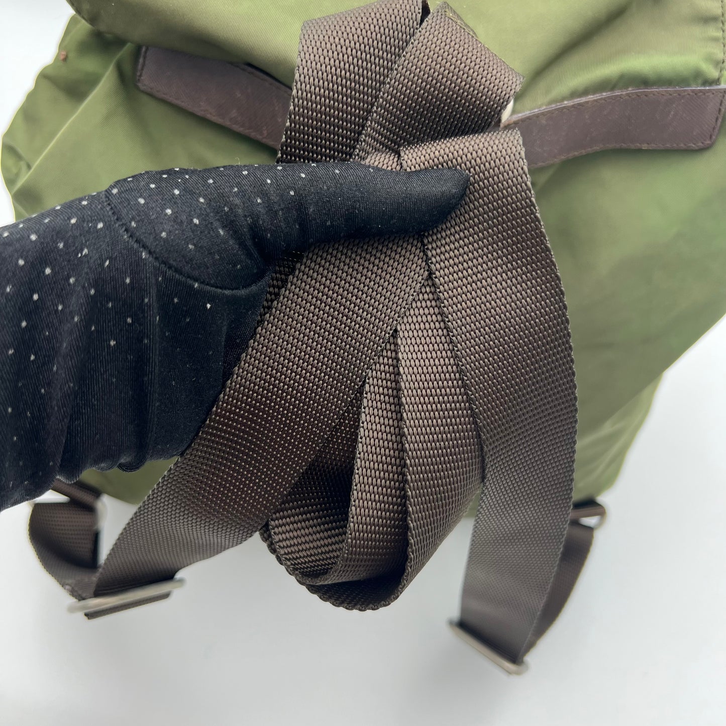 Prada Green Nylon and Brown Leather Backpack