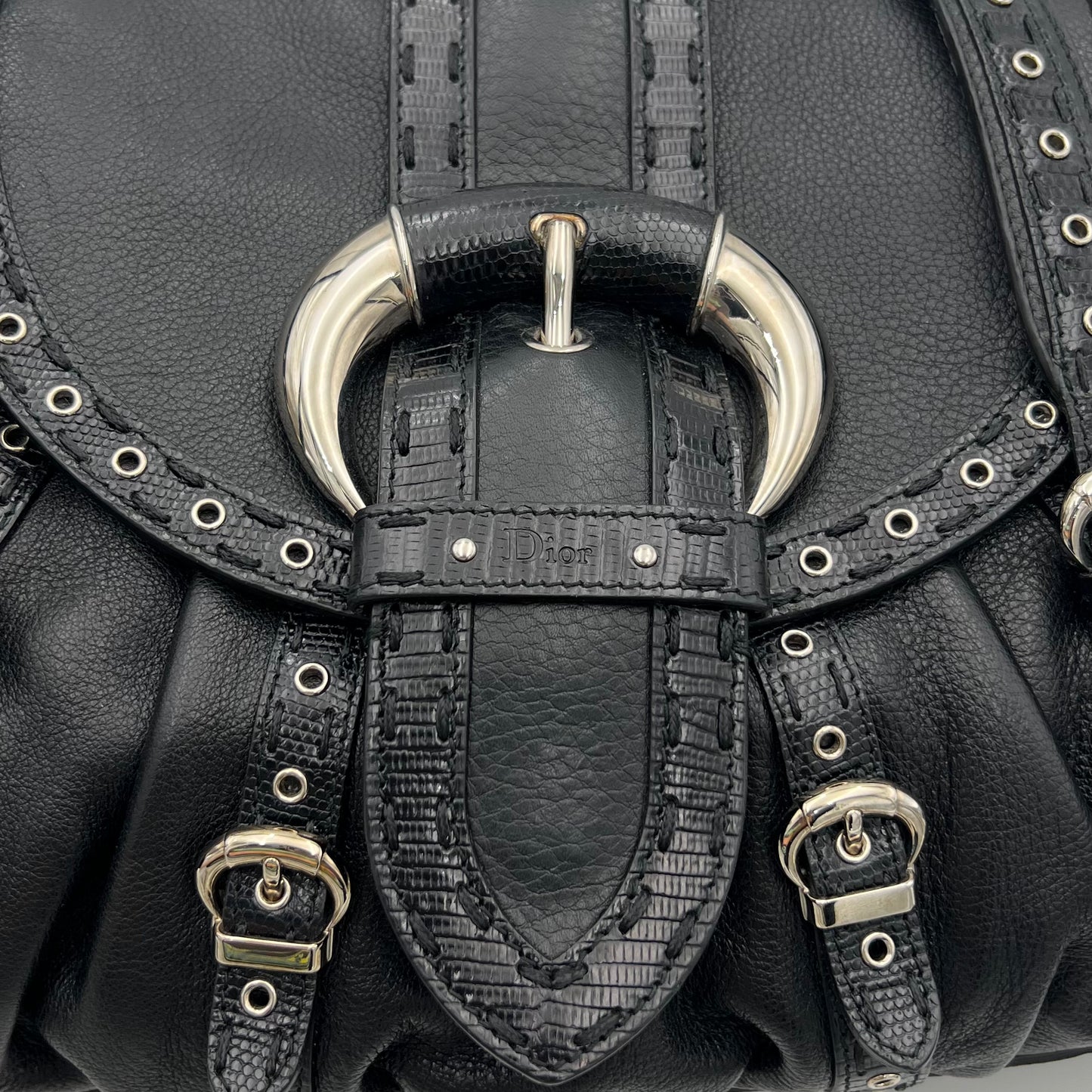 Christian Dior by John Galliano Black Lizard Trimmed Leather Flap Shoulder Bag