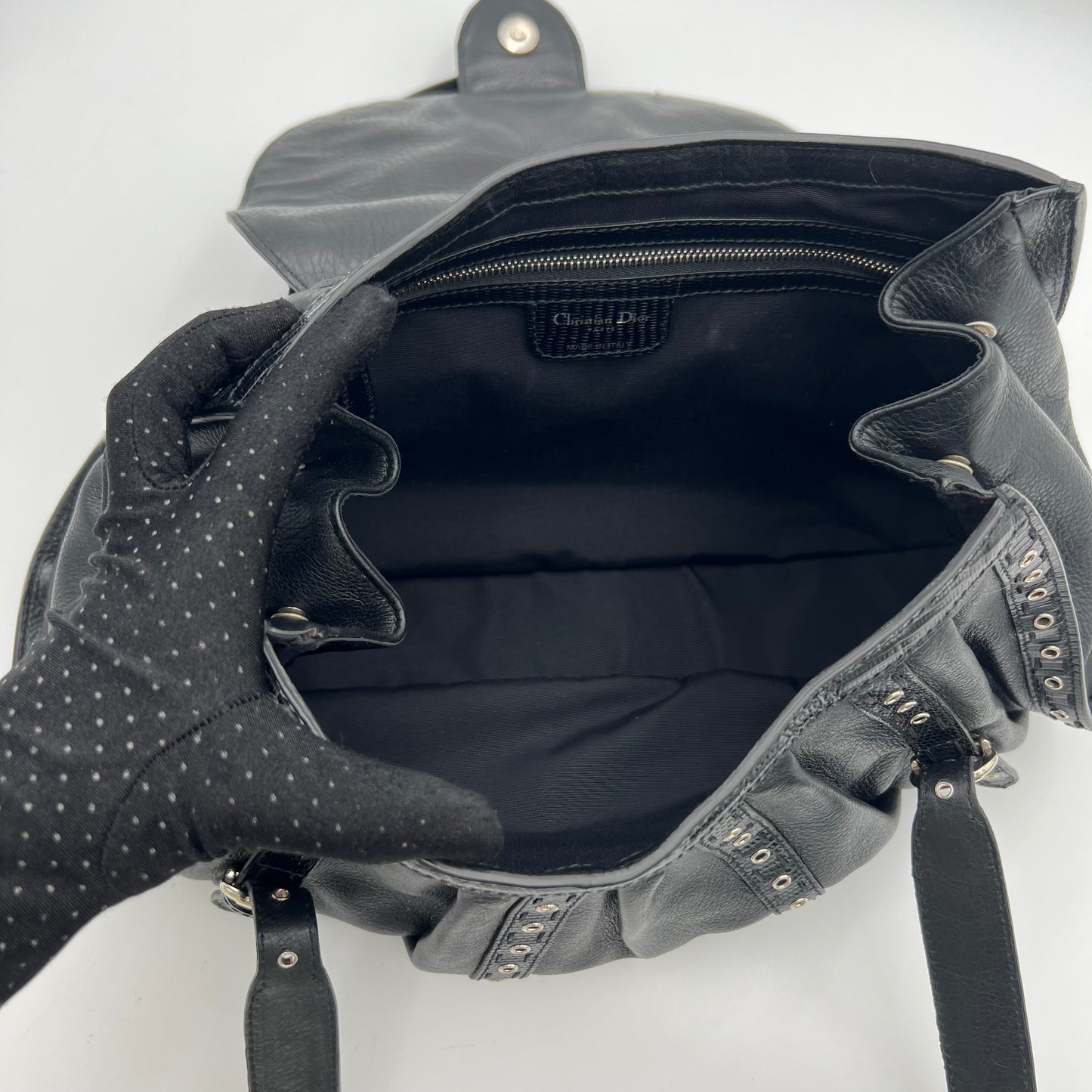 Christian Dior by John Galliano Black Lizard Trimmed Leather Flap Shoulder Bag
