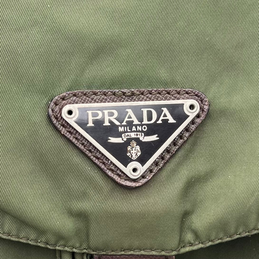 Prada Green Nylon and Brown Leather Backpack
