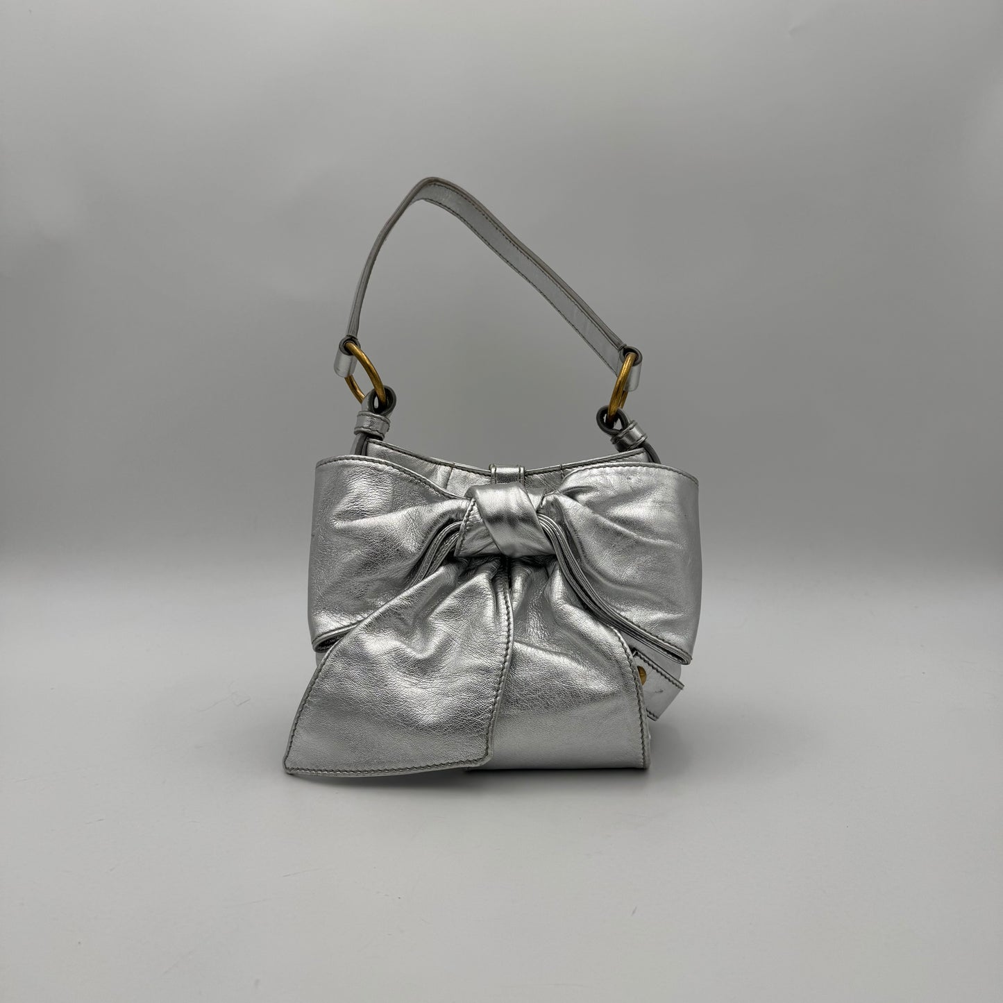 YSL Metallic Silver Leather Bow Shoulder Bag