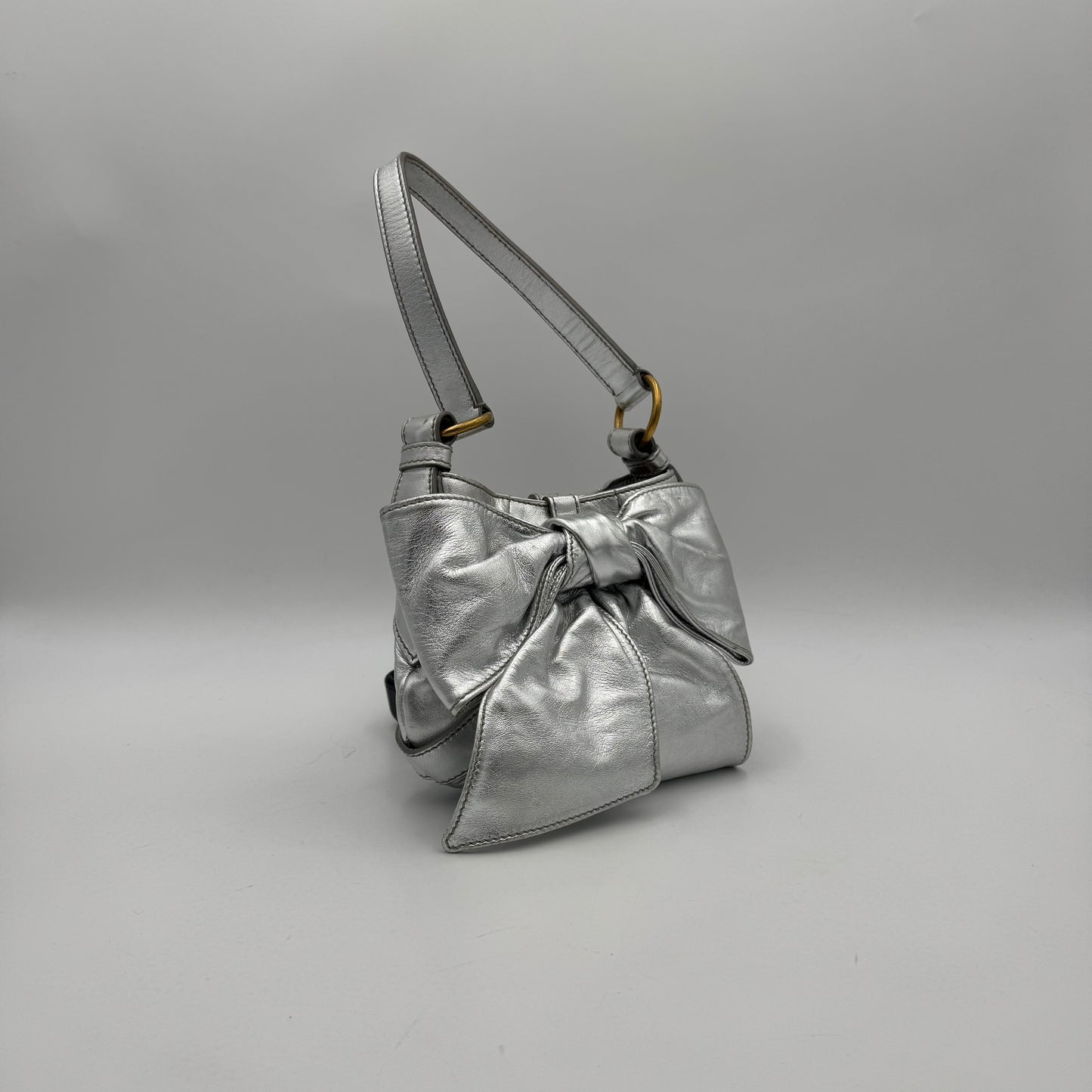 YSL Metallic Silver Leather Bow Shoulder Bag