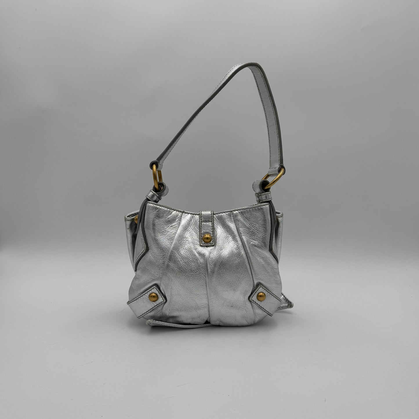 YSL Metallic Silver Leather Bow Shoulder Bag