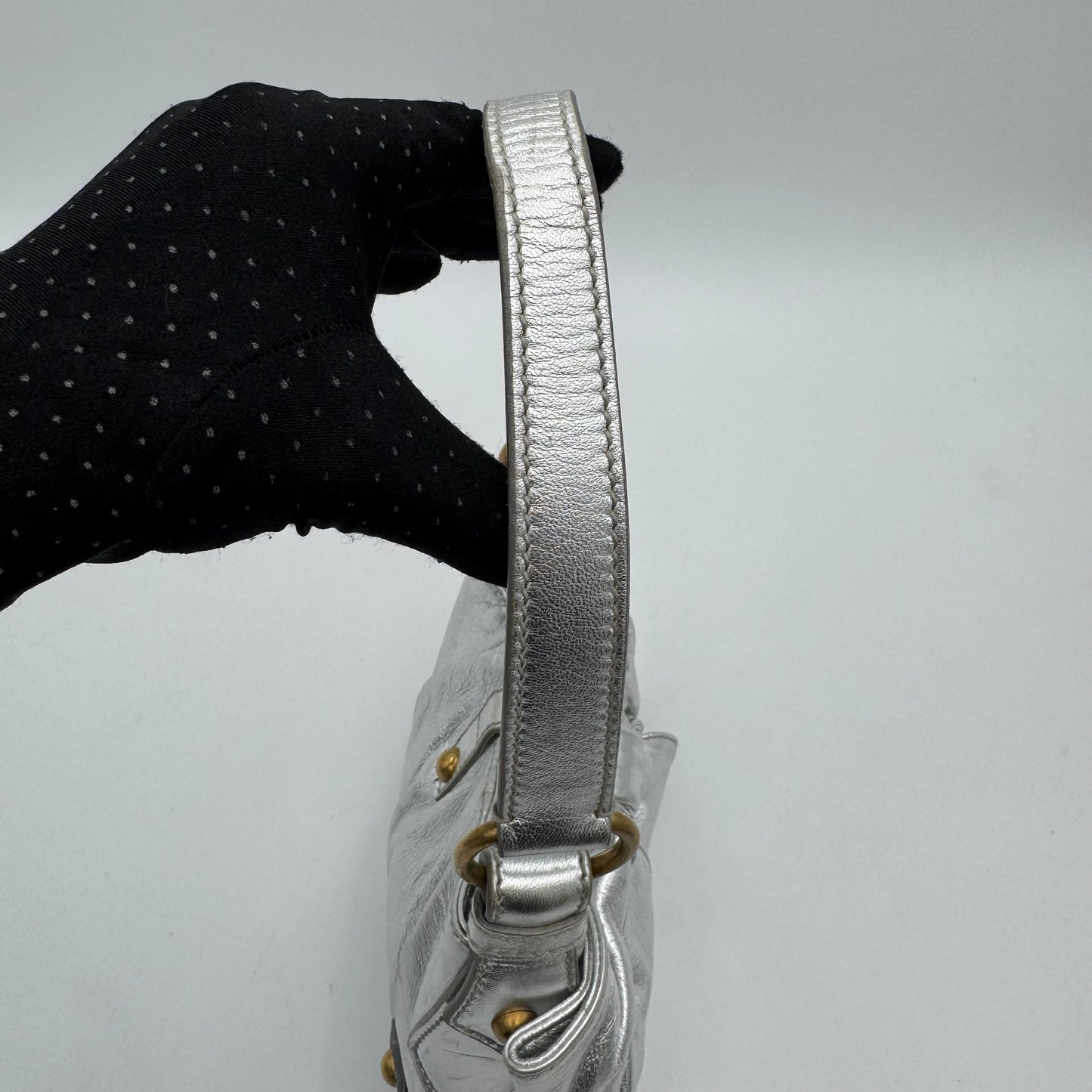 YSL Metallic Silver Leather Bow Shoulder Bag
