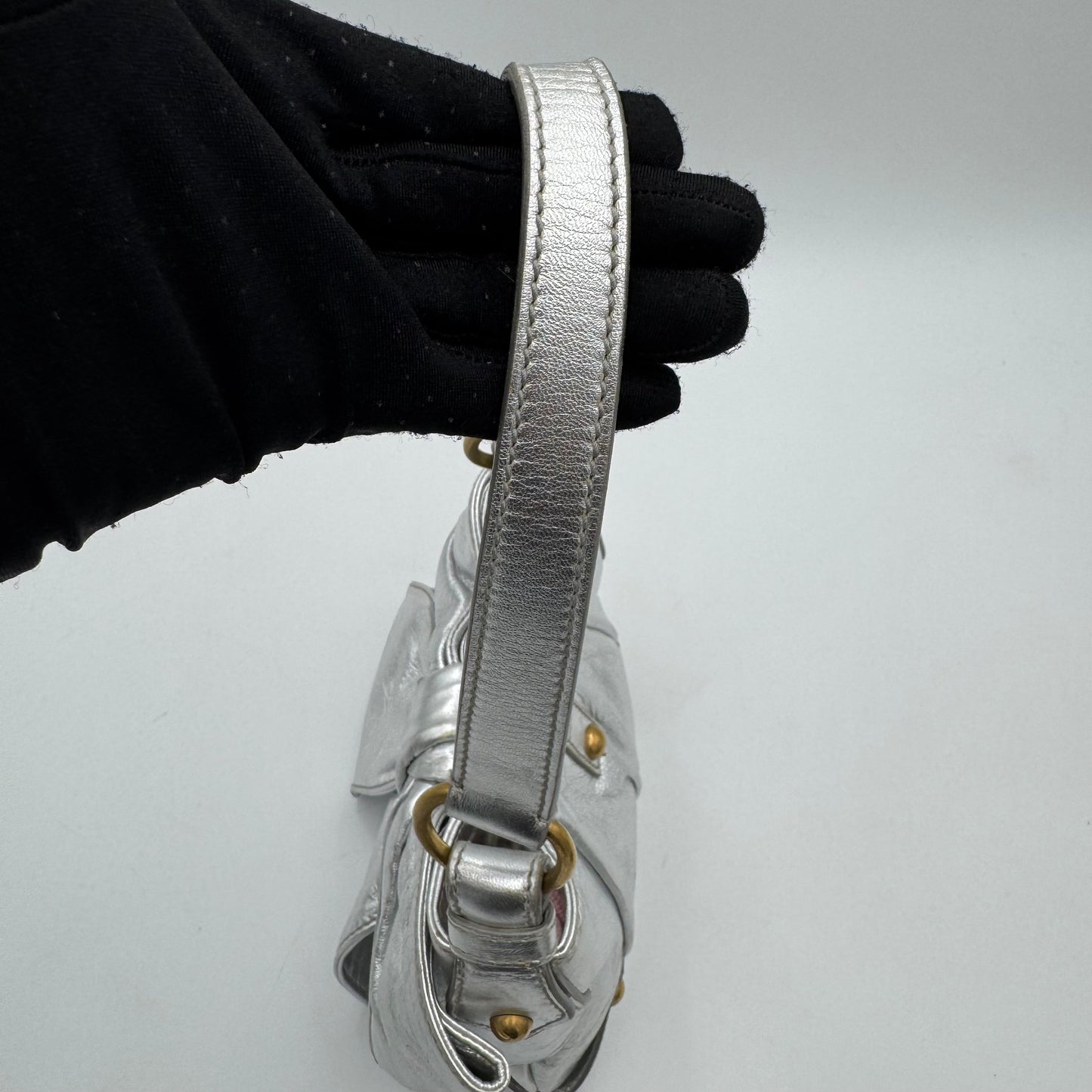 YSL Metallic Silver Leather Bow Shoulder Bag