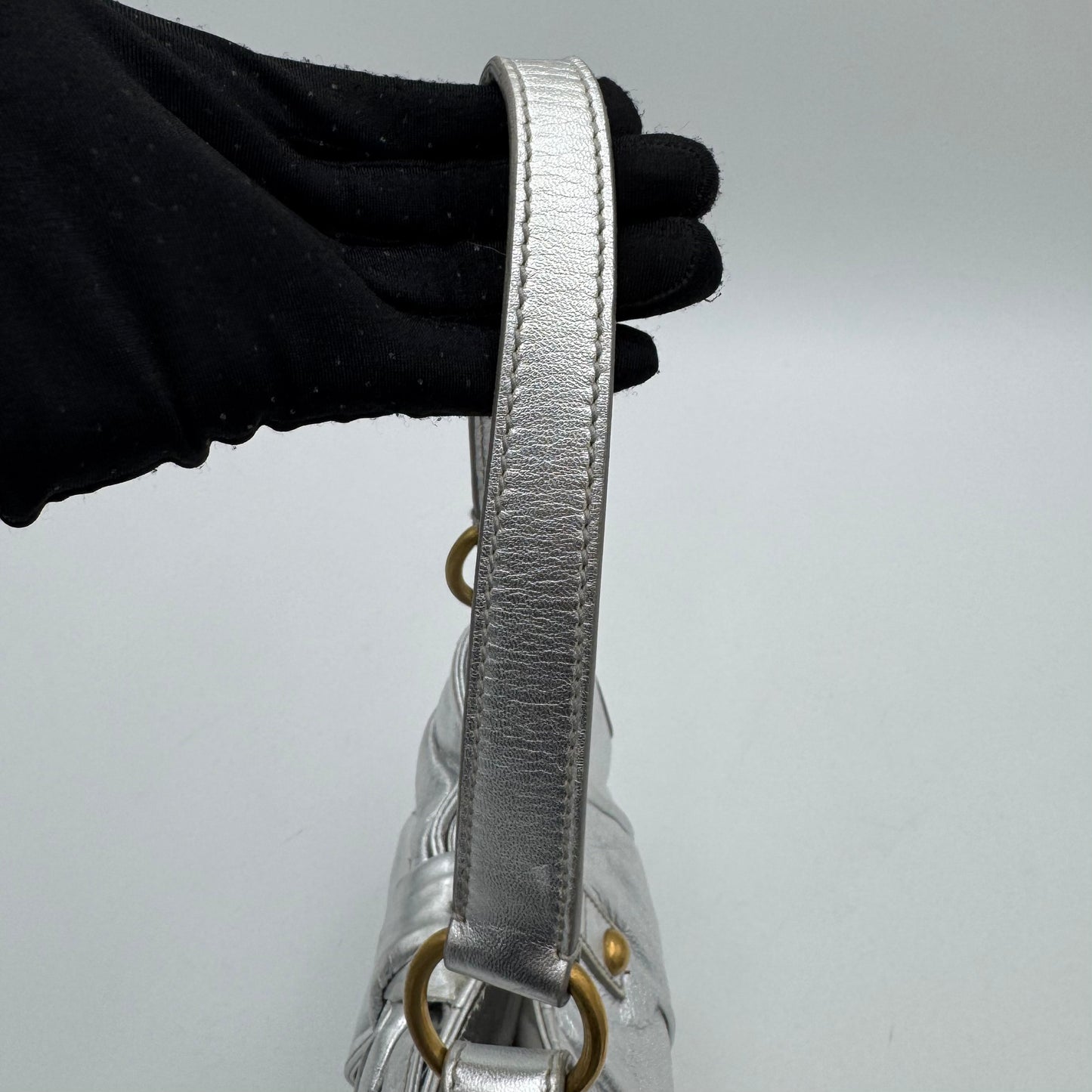 YSL Metallic Silver Leather Bow Shoulder Bag