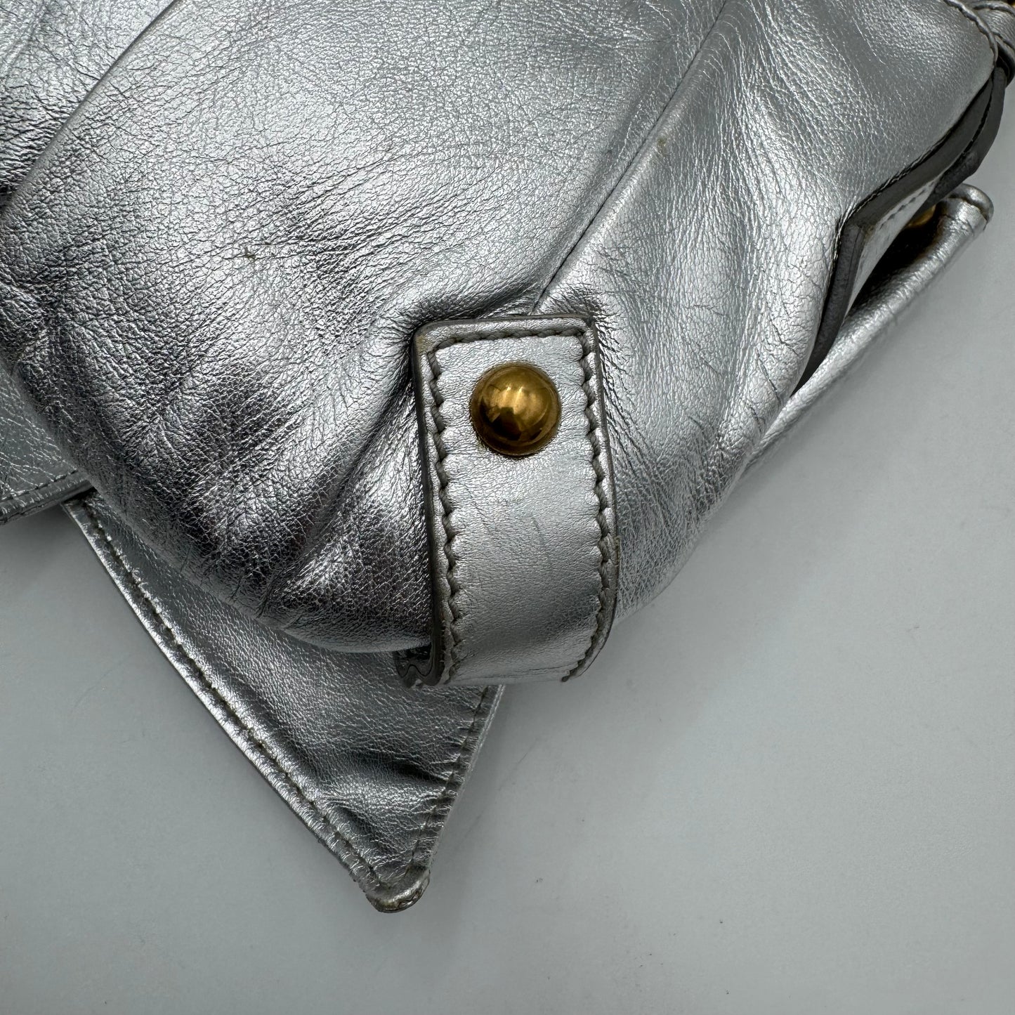 YSL Metallic Silver Leather Bow Shoulder Bag