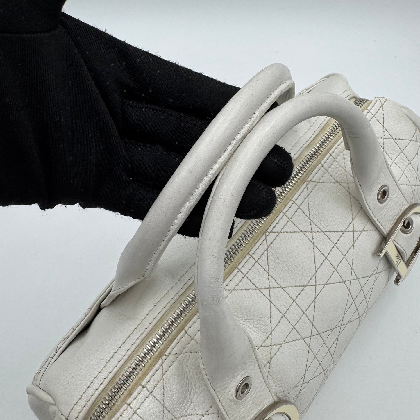 Christian Dior White Leather Cannage Boston Bag