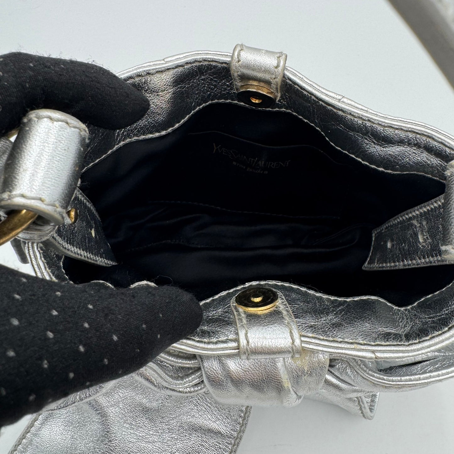 YSL Metallic Silver Leather Bow Shoulder Bag