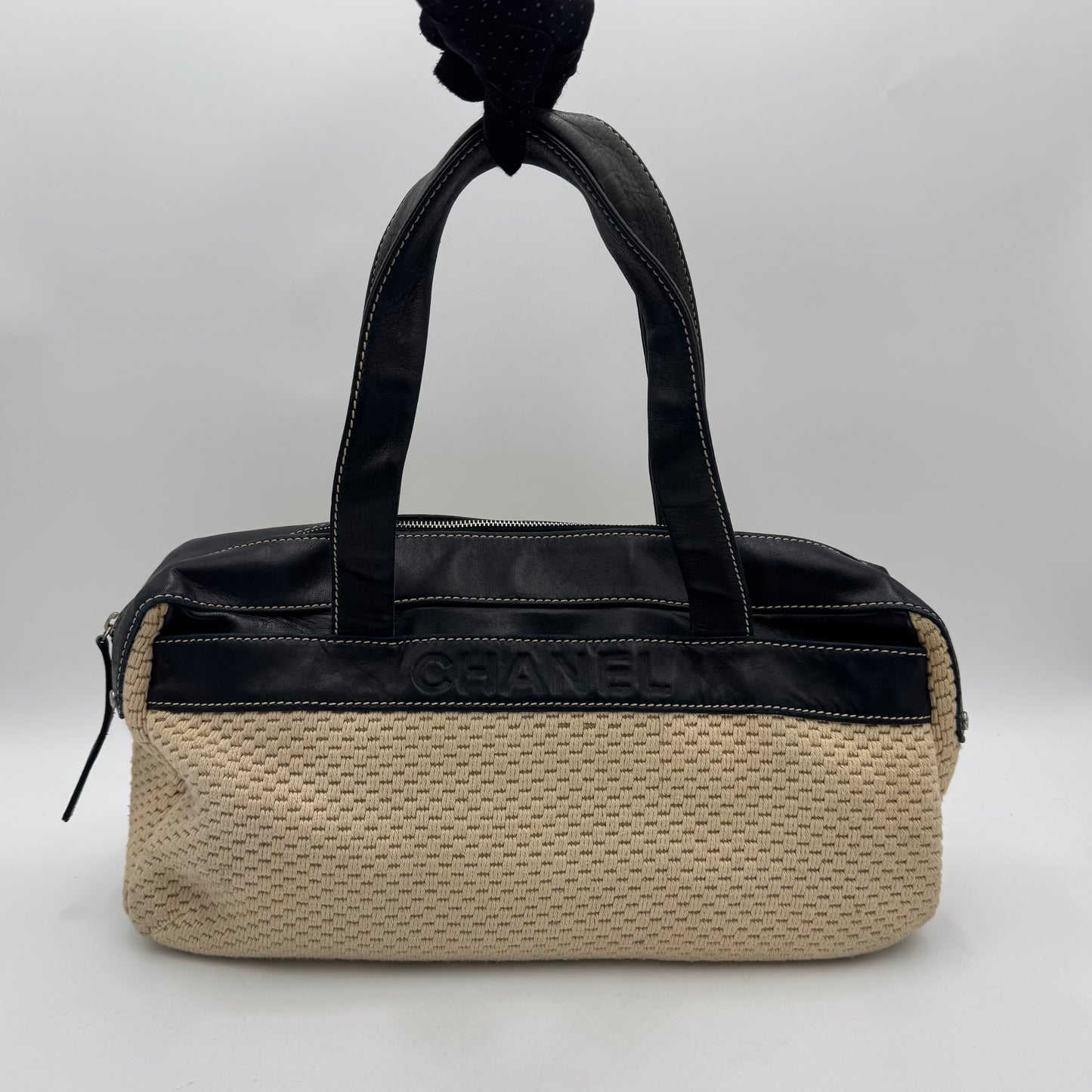 Chanel 2004-2005 LAX Black Lambskin Beige Crochet Bowler Bag