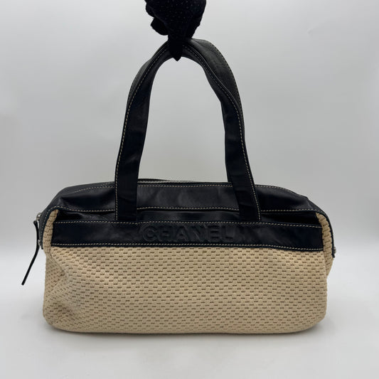 Chanel 2004-2005 LAX Black Lambskin Beige Crochet Bowler Bag