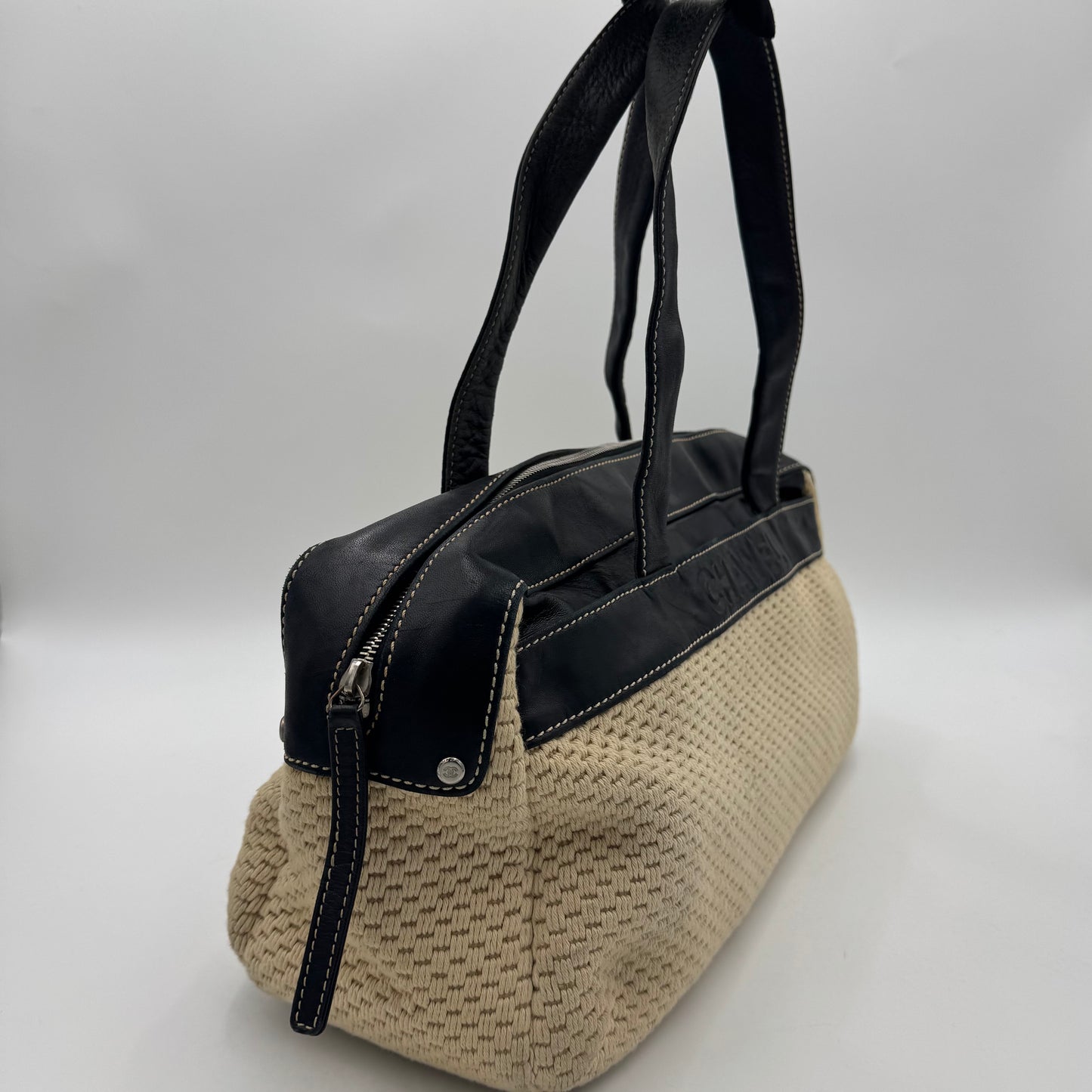 Chanel 2004-2005 LAX Black Lambskin Beige Crochet Bowler Bag