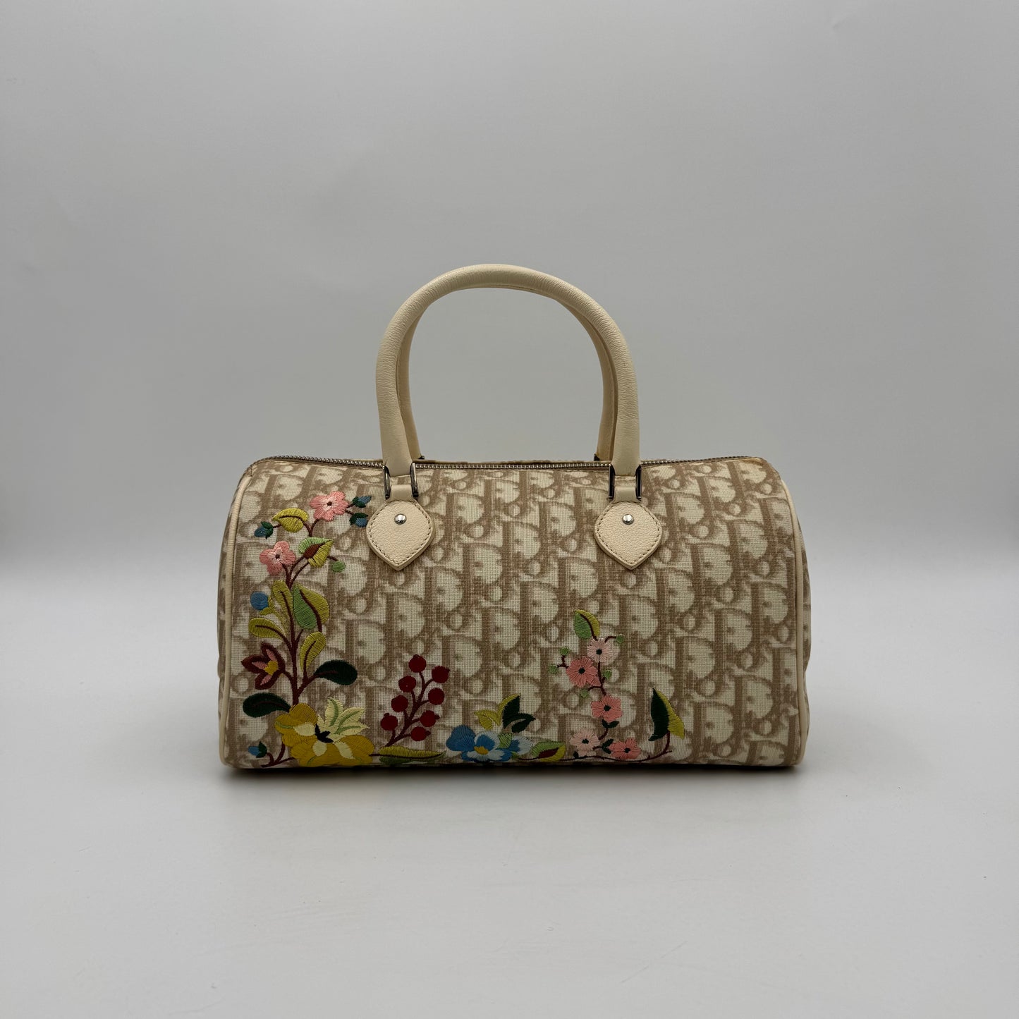 Christian Dior Beige Oblique Coated Canvas Embroidered Floral Boston