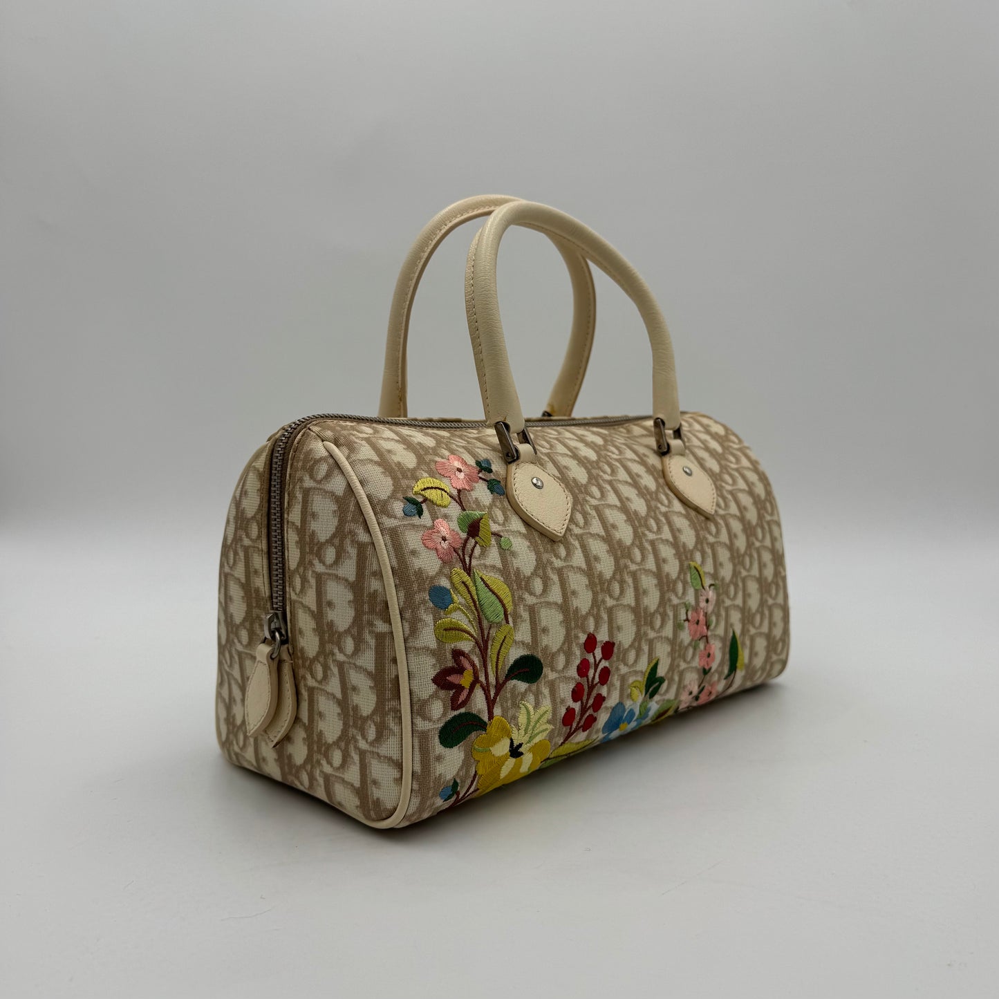 Christian Dior Beige Oblique Coated Canvas Embroidered Floral Boston