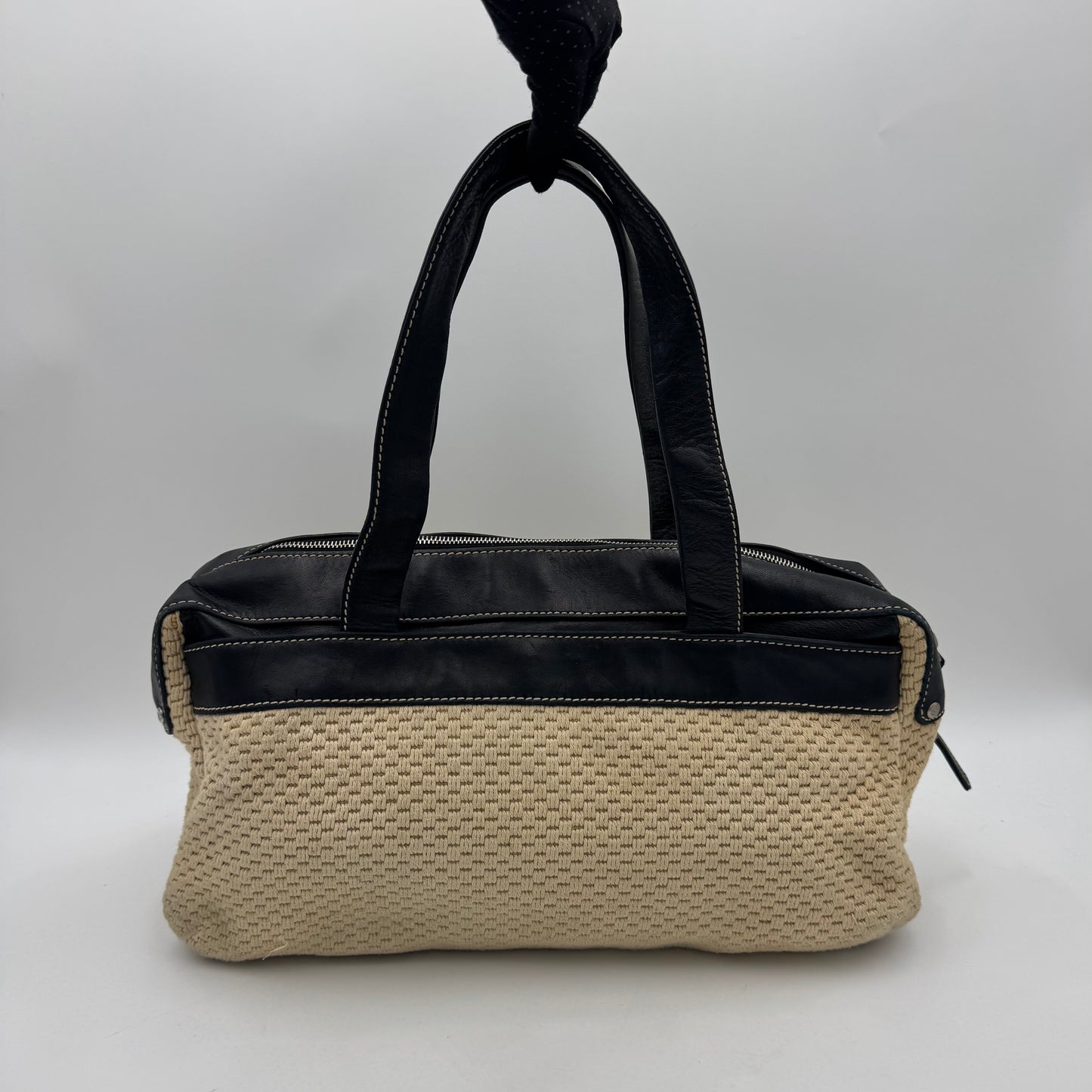 Chanel 2004-2005 LAX Black Lambskin Beige Crochet Bowler Bag