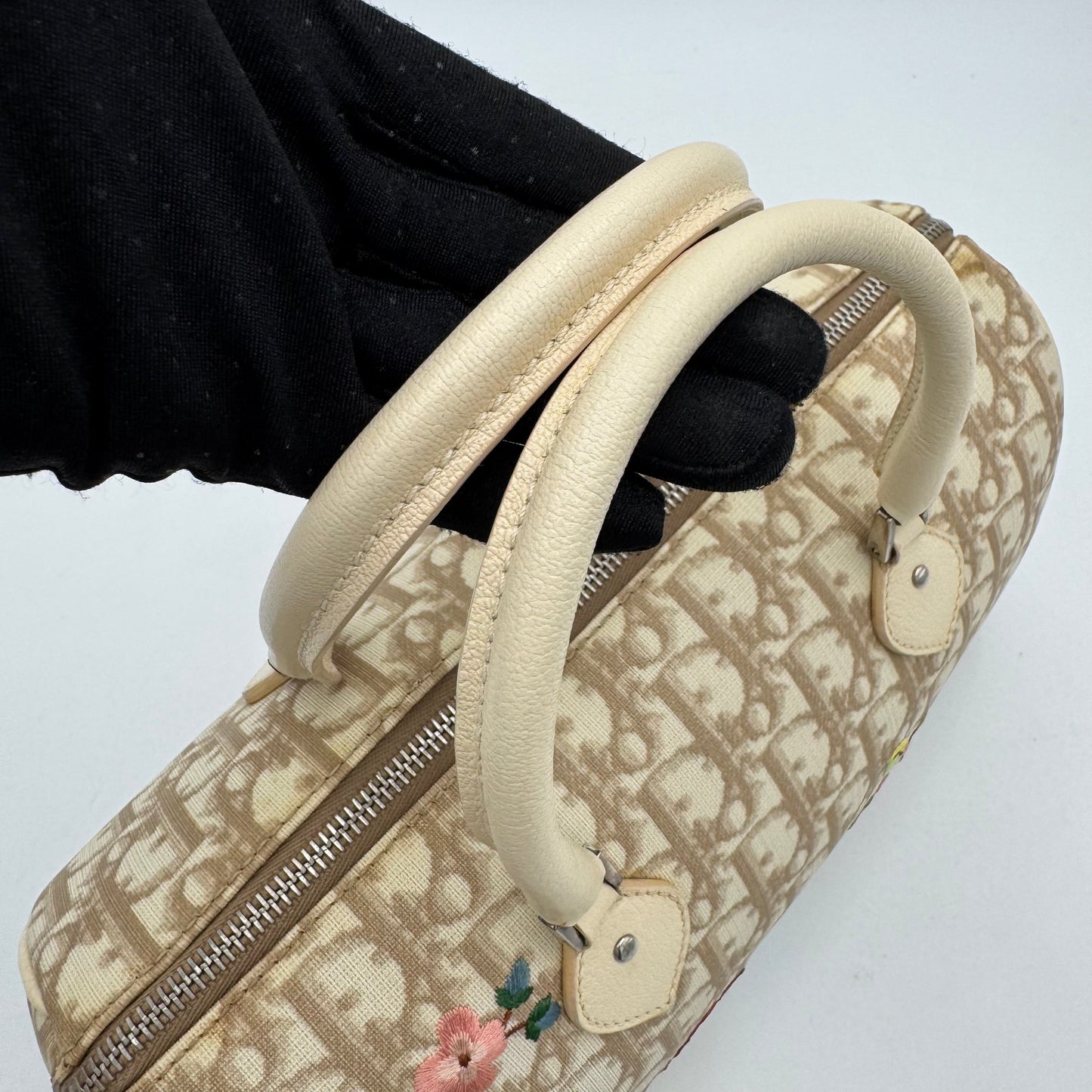 Christian Dior Beige Oblique Coated Canvas Embroidered Floral Boston