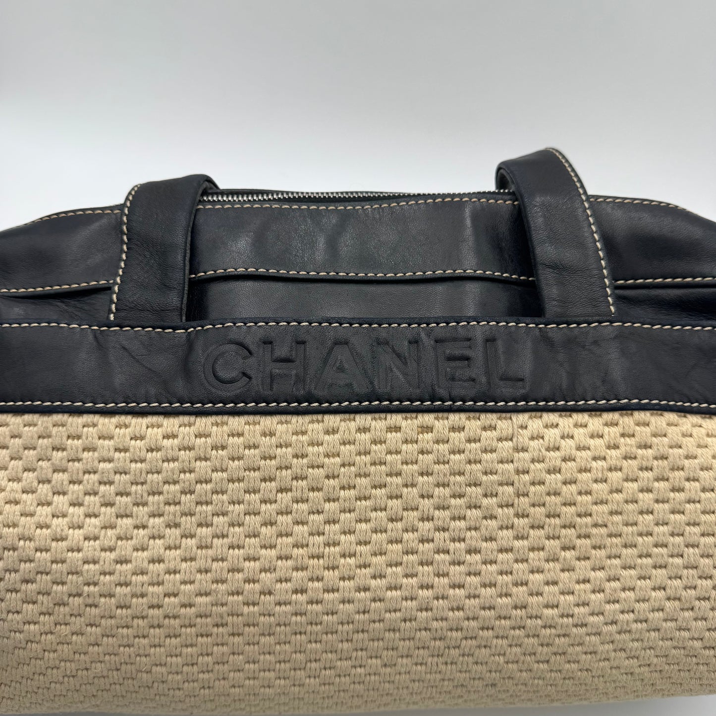 Chanel 2004-2005 LAX Black Lambskin Beige Crochet Bowler Bag