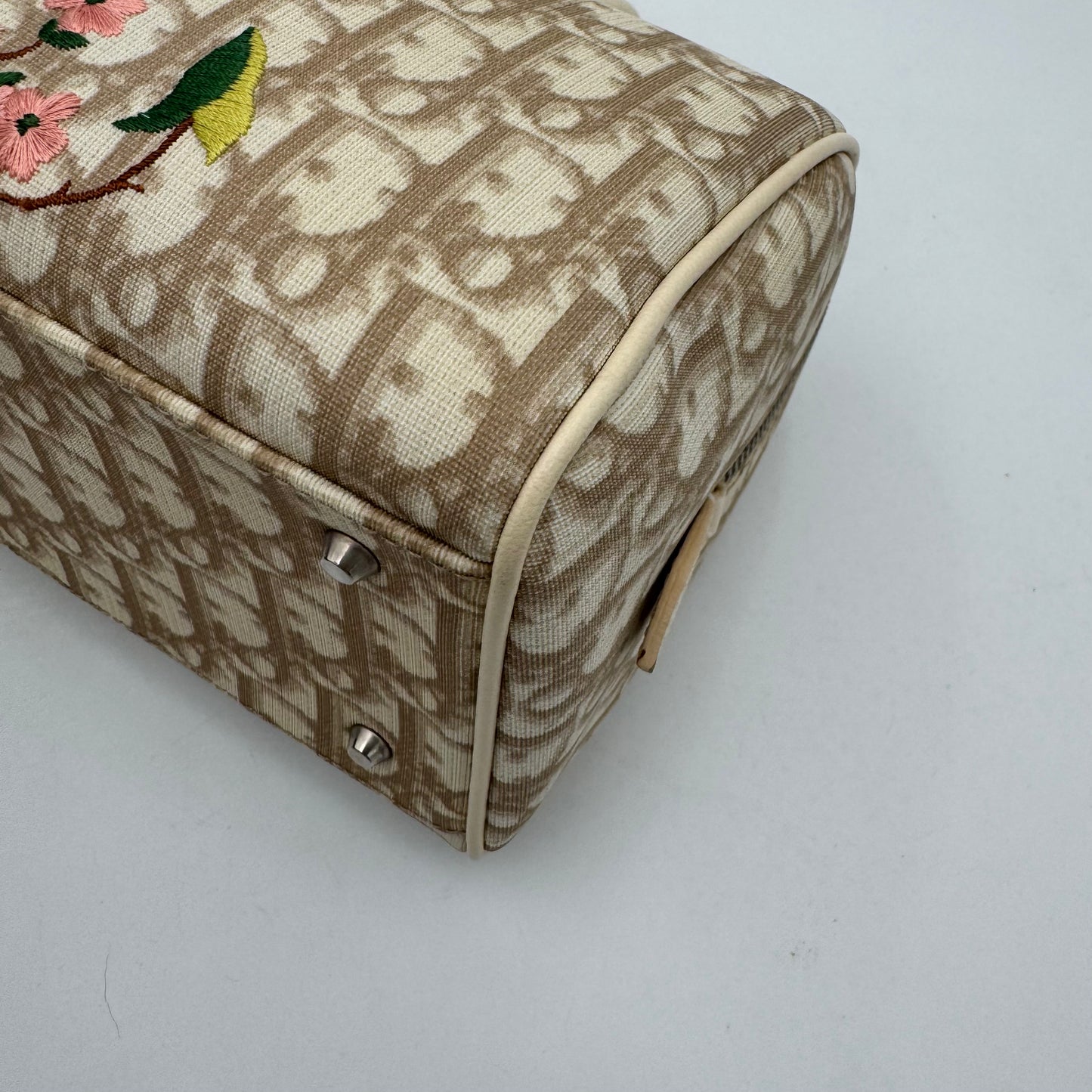 Christian Dior Beige Oblique Coated Canvas Embroidered Floral Boston