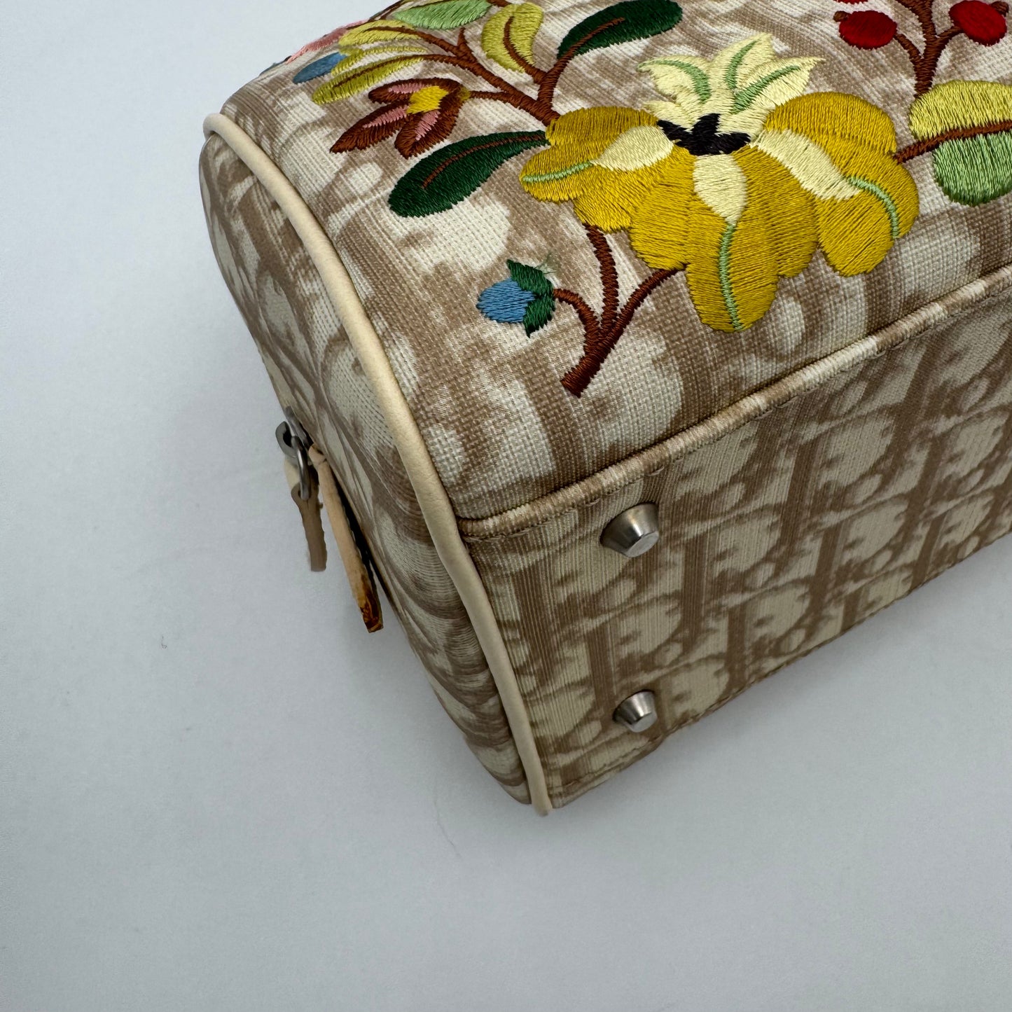 Christian Dior Beige Oblique Coated Canvas Embroidered Floral Boston