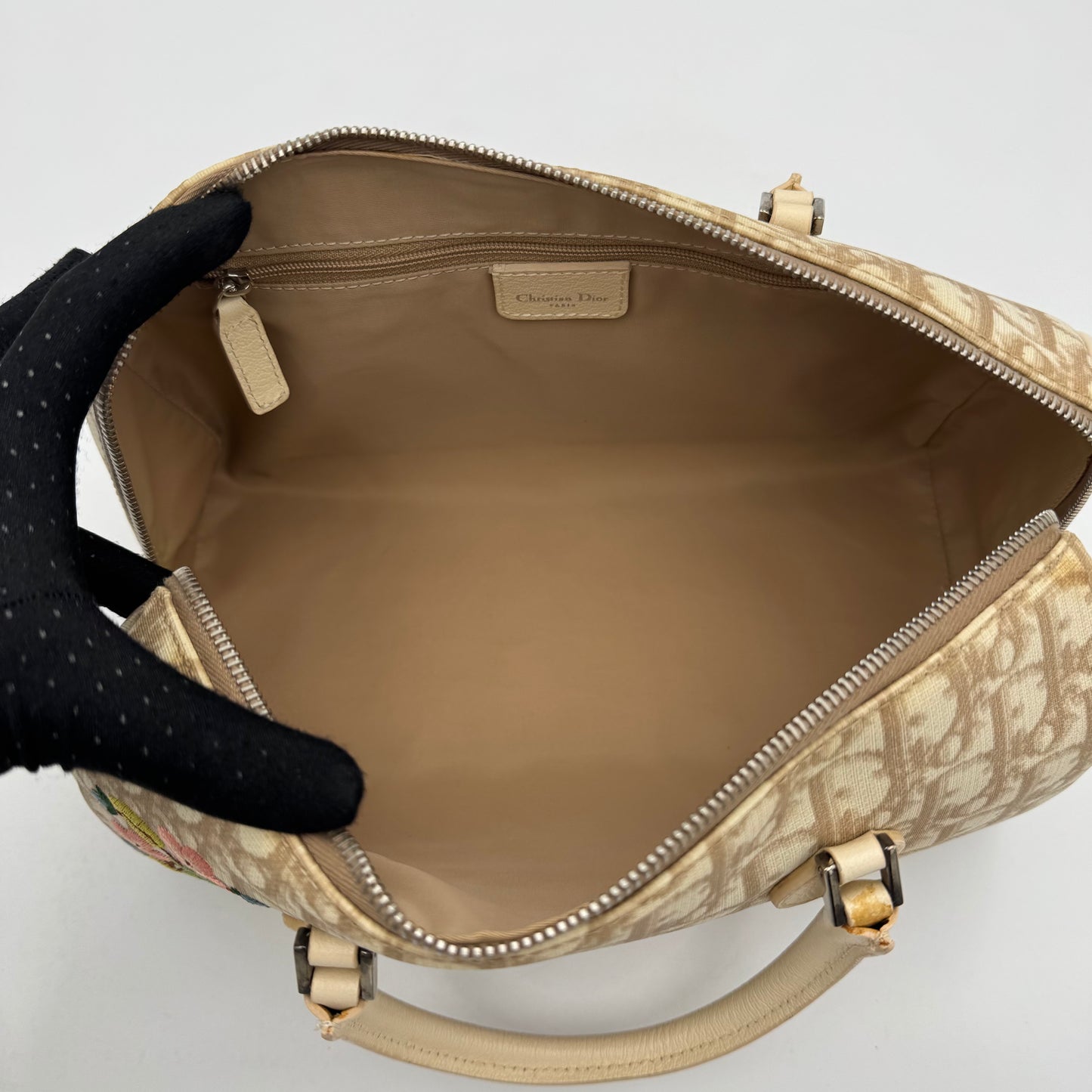 Christian Dior Beige Oblique Coated Canvas Embroidered Floral Boston