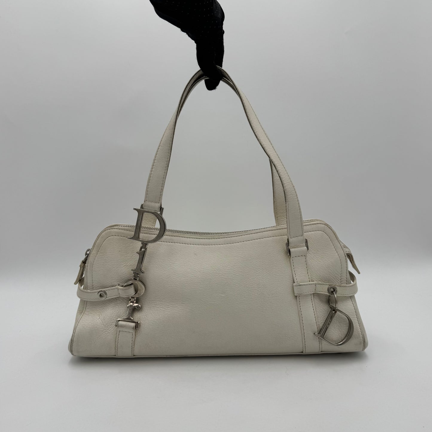 Christian Dior White Leather Spellout D Charm Boston Shoulder Bag