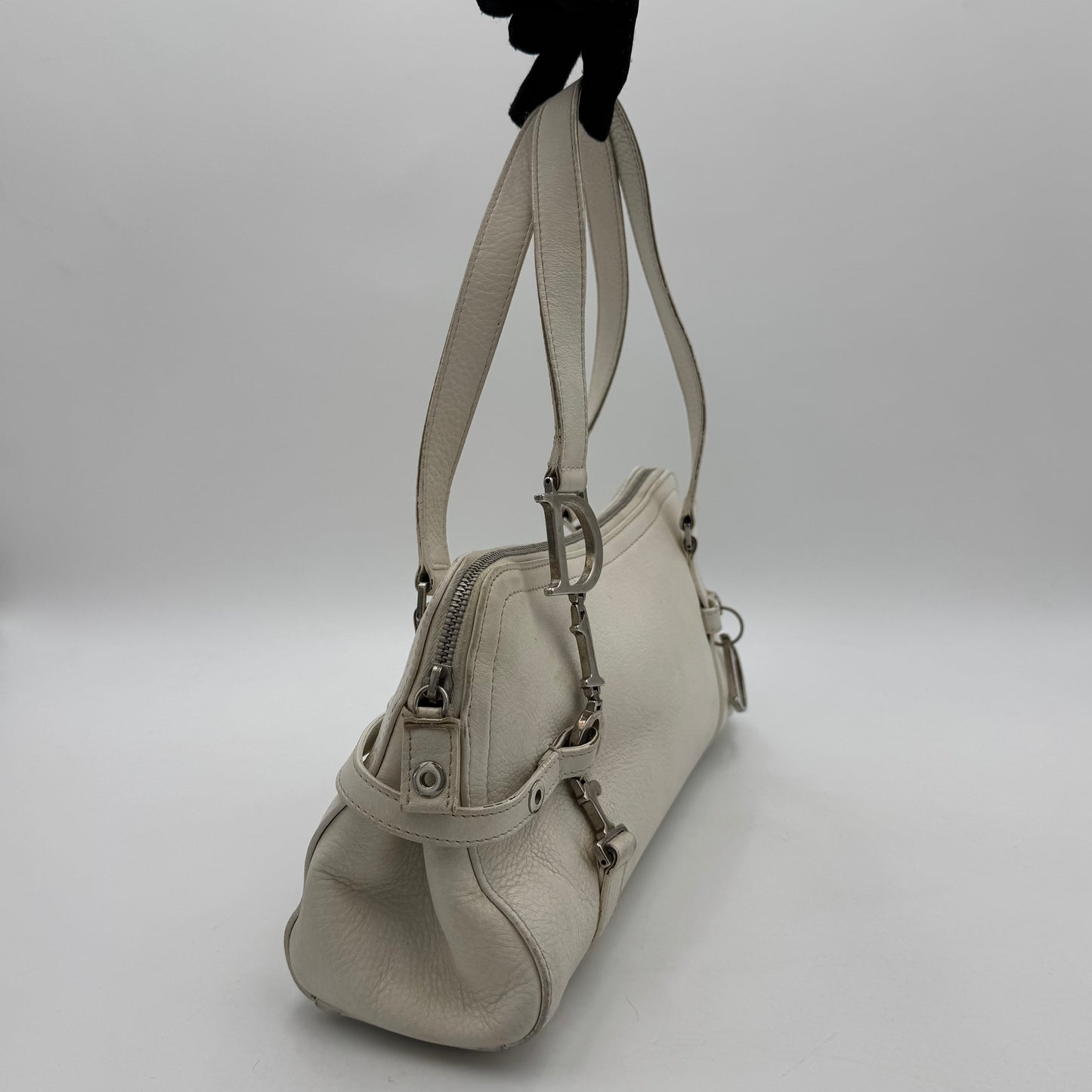 Christian Dior White Leather Spellout D Charm Boston Shoulder Bag