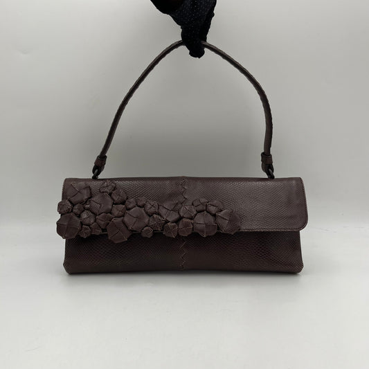 Bottega Veneta Brown Snakeskin Floral Applique Flap Baguette Bag