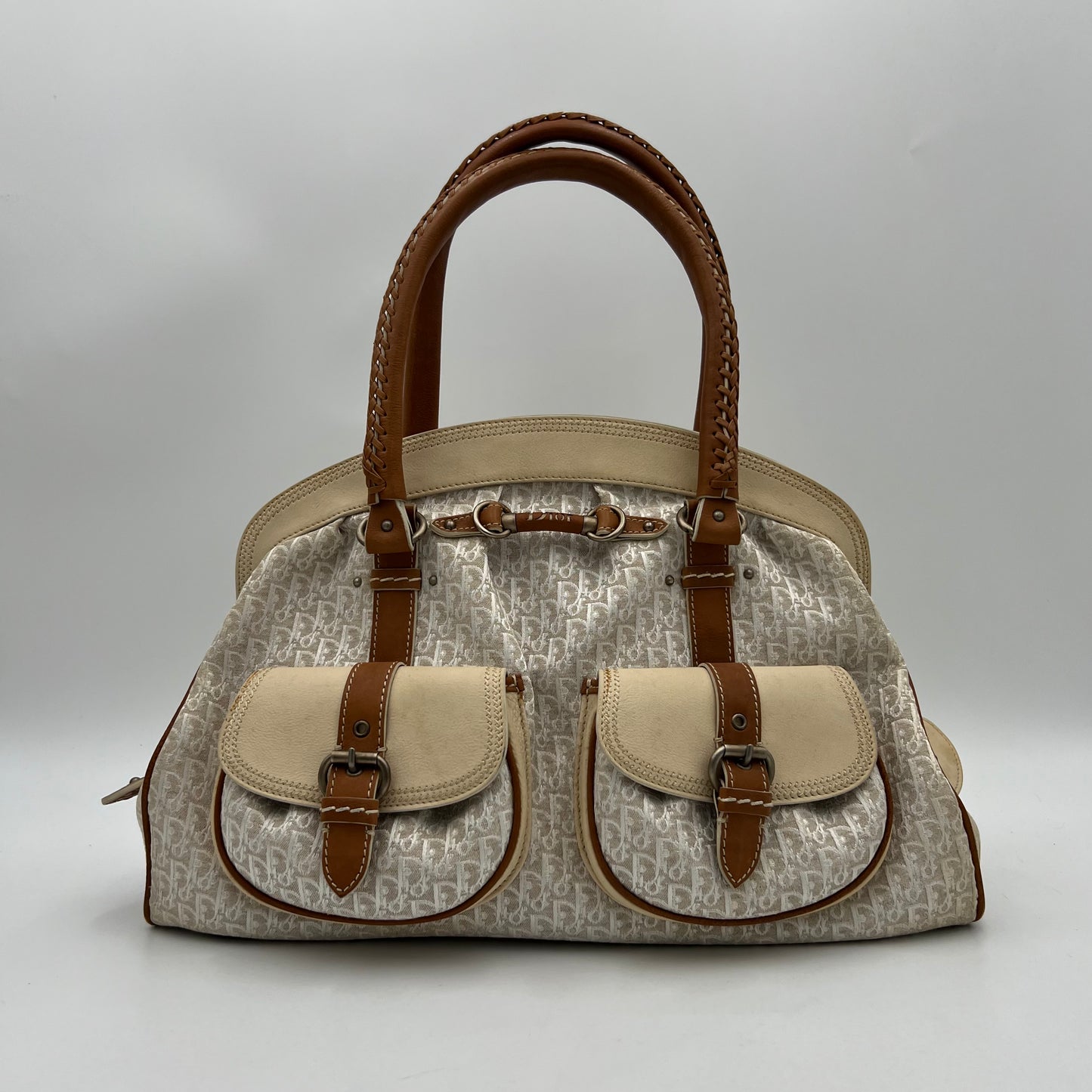 Christian Dior White Diorissimo Trotter Canvas and Neutral Leather Large Satchel