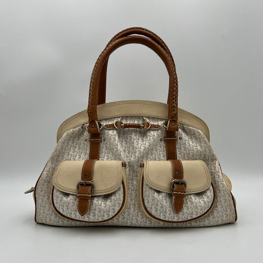 Christian Dior White Diorissimo Trotter Canvas and Neutral Leather Large Satchel