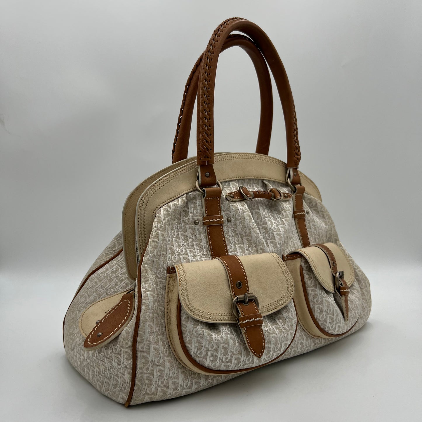Christian Dior White Diorissimo Trotter Canvas and Neutral Leather Large Satchel