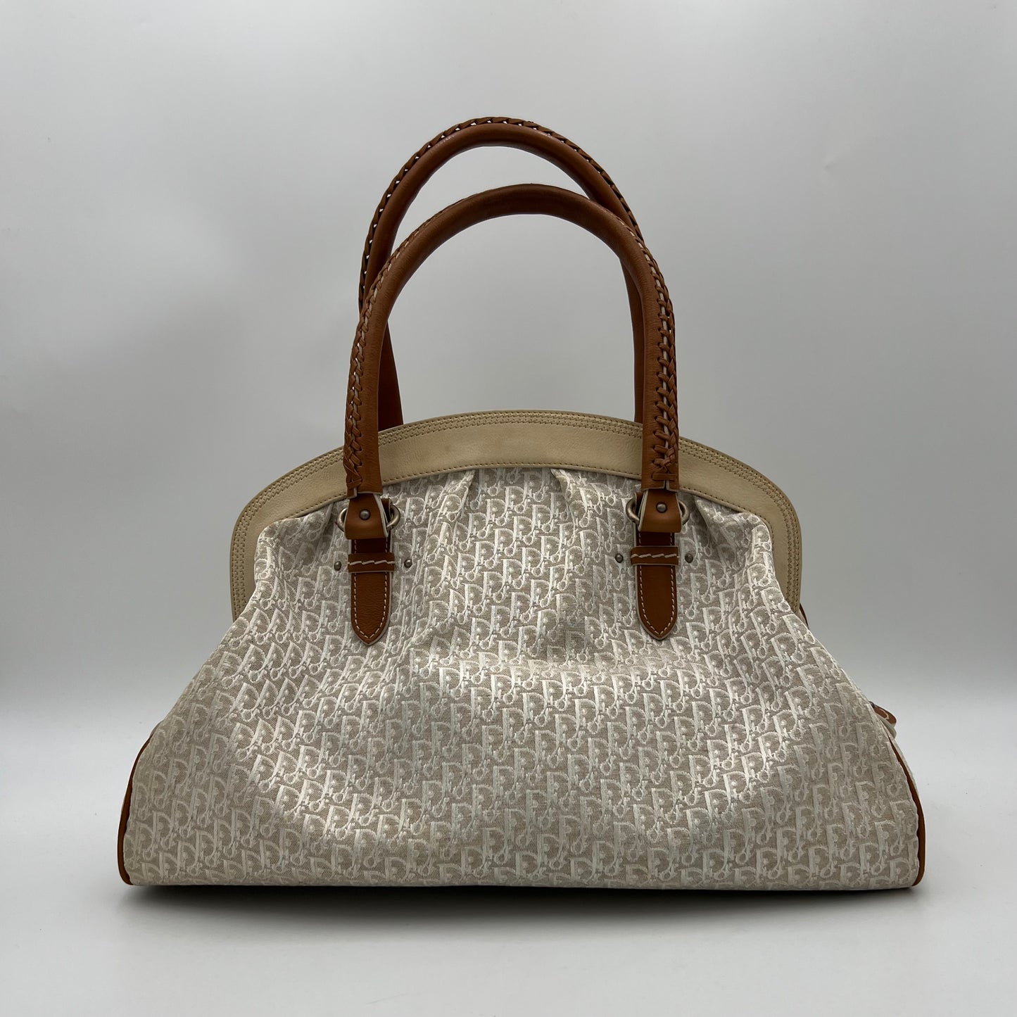 Christian Dior White Diorissimo Trotter Canvas and Neutral Leather Large Satchel