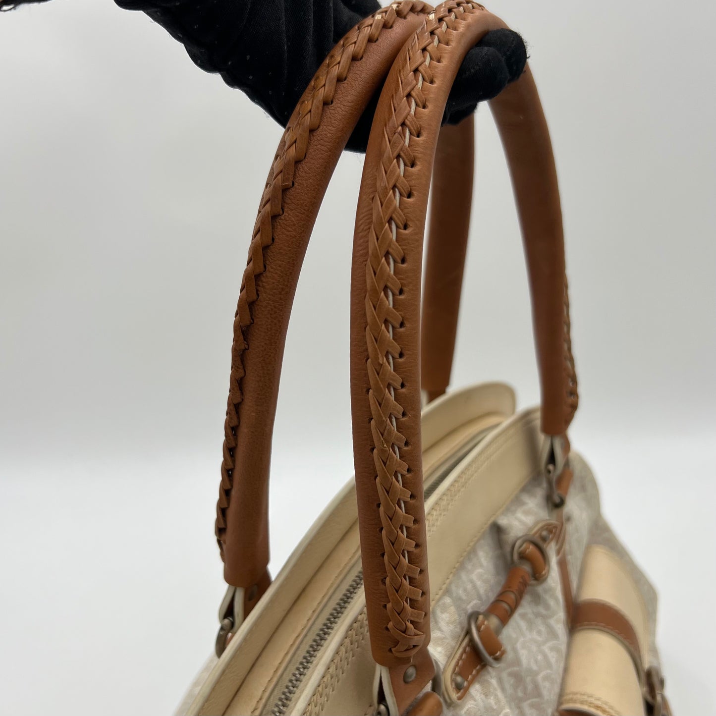 Christian Dior White Diorissimo Trotter Canvas and Neutral Leather Large Satchel