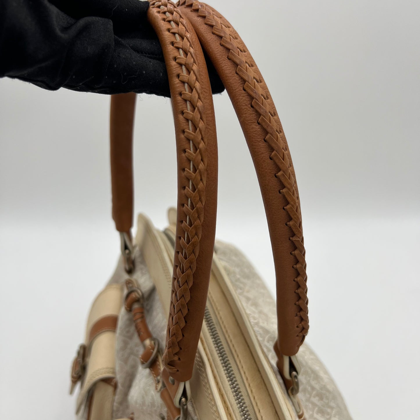 Christian Dior White Diorissimo Trotter Canvas and Neutral Leather Large Satchel