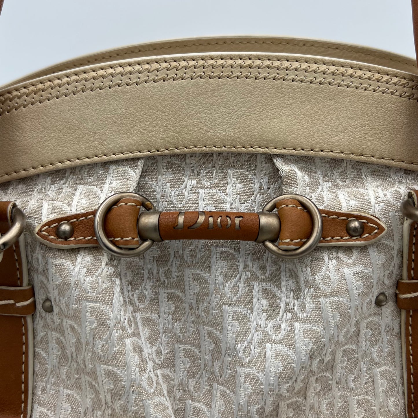 Christian Dior White Diorissimo Trotter Canvas and Neutral Leather Large Satchel