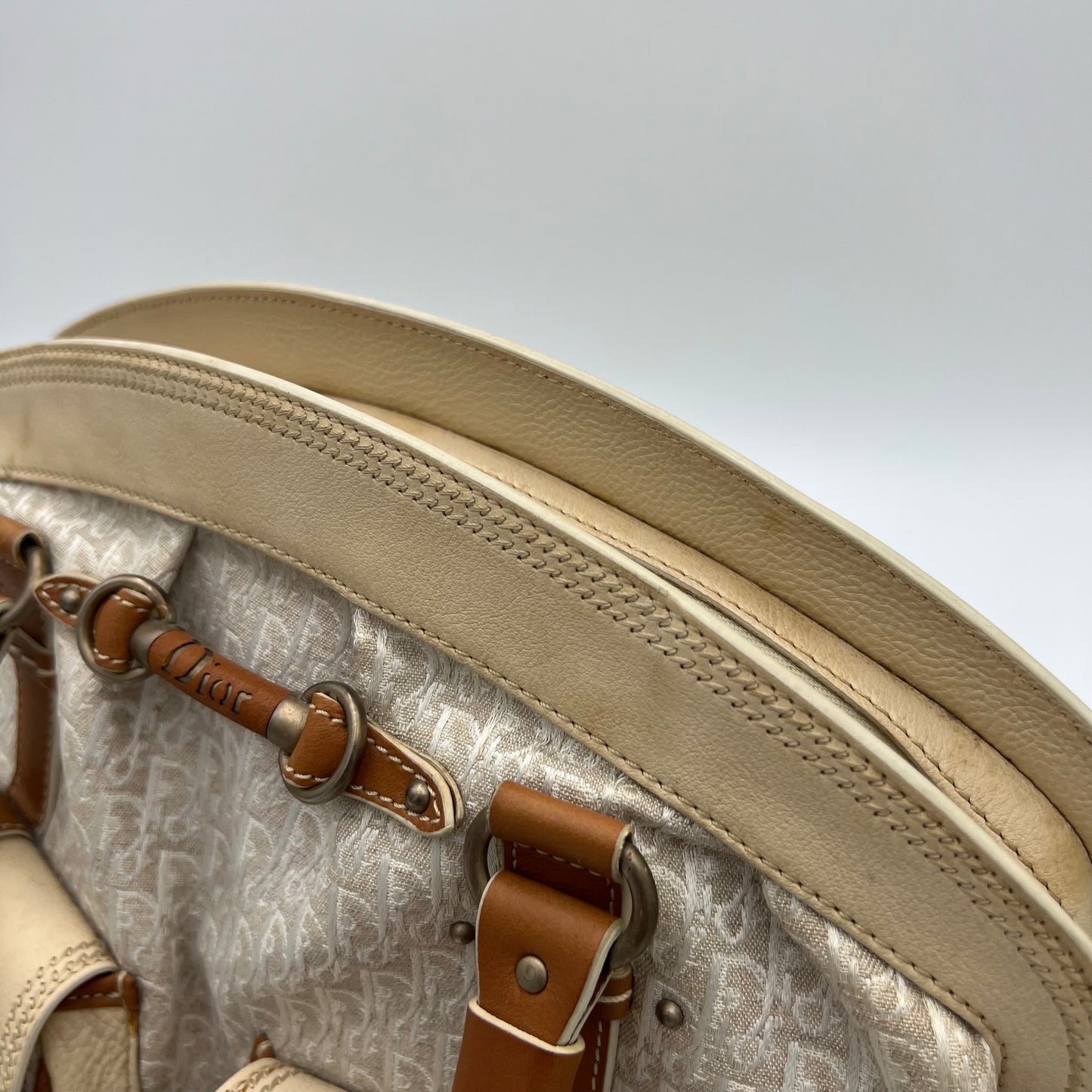 Christian Dior White Diorissimo Trotter Canvas and Neutral Leather Large Satchel