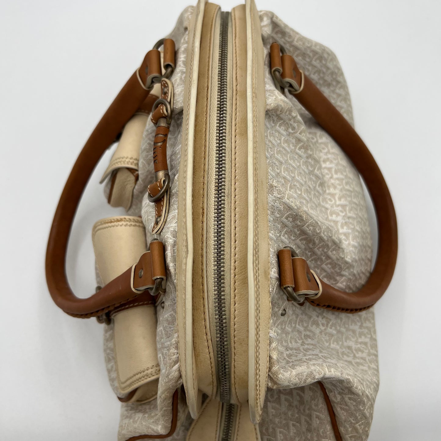 Christian Dior White Diorissimo Trotter Canvas and Neutral Leather Large Satchel