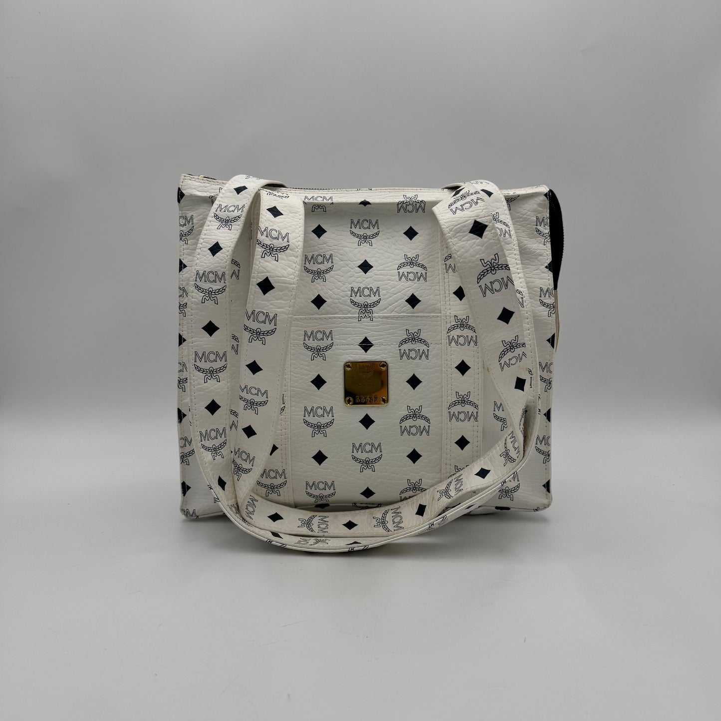 MCM White Visetos Zip Tote GHW