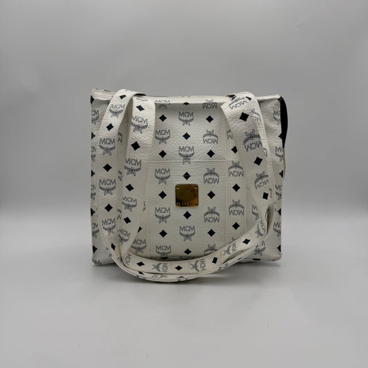 MCM White Visetos Zip Tote GHW