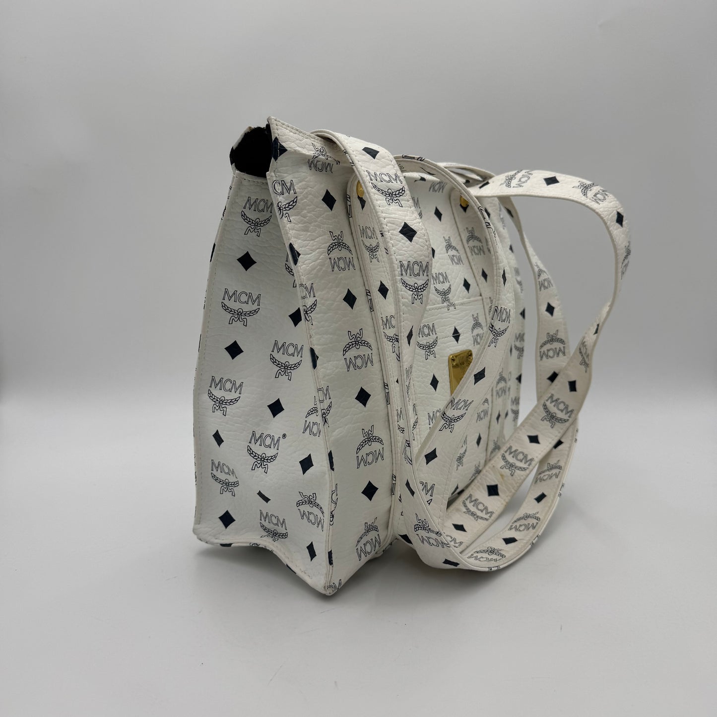MCM White Visetos Zip Tote GHW
