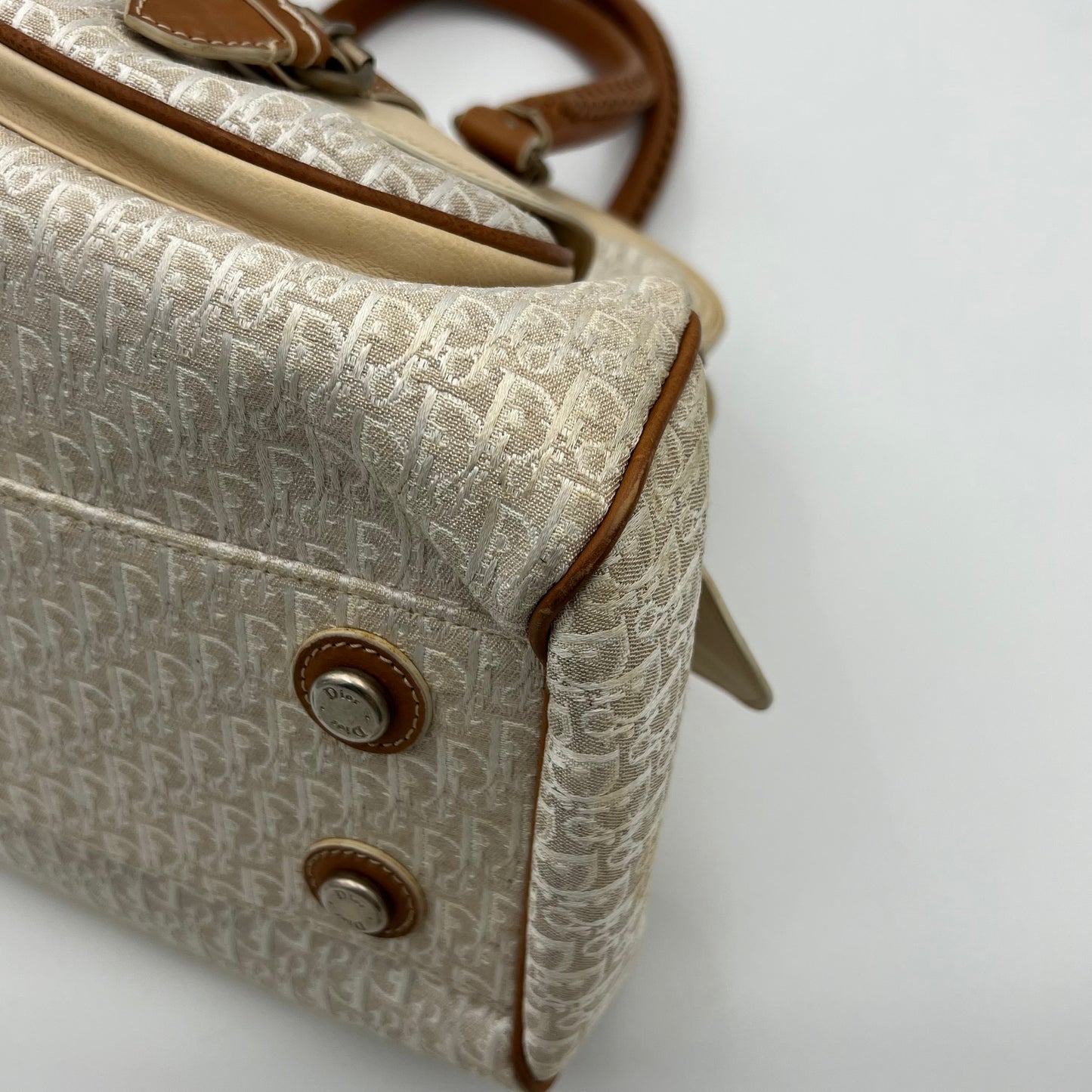 Christian Dior White Diorissimo Trotter Canvas and Neutral Leather Large Satchel